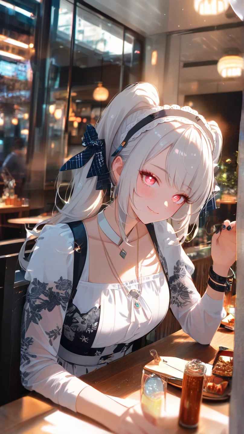 Highly detailed face,fine grain,Sparkling eyes,Highlighted eyes,Medium chest,pretty girl,smile,Cat ear,Beautiful silver hair,Pink inside,Beautiful pink eyes,fantastical, mysterious
