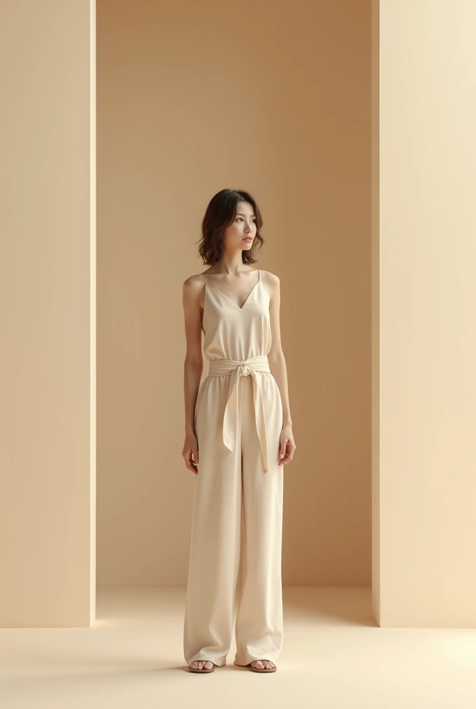 Apartment hallway,Hairdresser,((full body)),((photo)),((best qualtiy, 8K, tmasterpiece:1.3)), Focus:1.2, perfect figure beautiful girl:1.4,1girl,cowboy shot,look at viewer,incredibly absurd, beautiful and cute girl with a photorealistic face, showcasing top-quality craftsmanship, A Japanese woman standing in front of the door to her apartment, 23 years old, short hair, bangs straight above her eyebrows in a simple bang, soft waves, light brown hair, fair skin, clear skin, baby face, round double eyelids, light brown eyes, long upturned eyelashes, small straight nose, small mouth, plump lips, beautiful teeth, dimples, soft skin, , delicate, plump, A-cup small breasts, beige loose silhouette dress, brown sandals, small gold earrings and necklace, cigarette, beautiful girl, pure, soothing, husky voice, calm, curious, laid-back, April