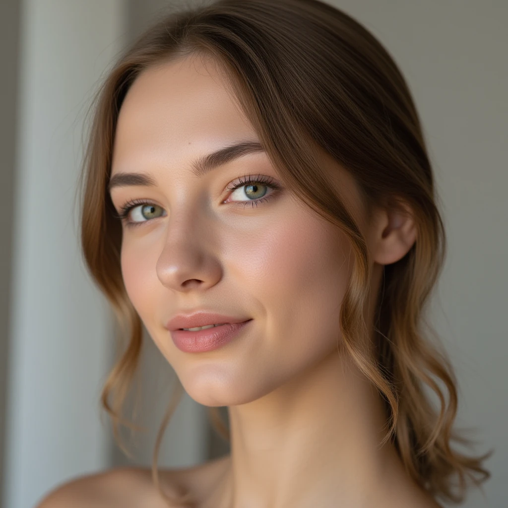 A photorealistic portrait of a young and beautiful woman with light blonde hair, long hair, and  brown eyes, American. Epic realism, raw photo, (highly detailed skin:1.2), 8k, DSLR, soft lighting, high quality, film grain, Fujifilm XT3, ultra high resolution, photorealistic:1.4, uhd. The background is blurred to emphasize her face. Her  features are meticulously detailed: her smooth and clear skin, well-defined cheekbones, a perfectly shaped nose, a high and smooth forehead, long and thick eyelashes, well-groomed eyebrows, and soft, slightly parted lips. The lighting highlights the natural contours of her face, giving a lifelike and vibrant appearance.