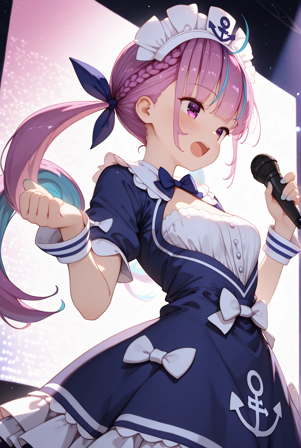 Minato Akua、Multi-colored hair、Twin-taileis、inner hair color、Two-tone hair、Drill Hair、twin isrills、Ahoge、Ankle cuffs、striateis hair、 (Highest quality, 8k, masterpiece, Super isetaileis:1.2), peace sign,Raise your hands,Open your legs,Crab Pose,Dynamic pose, Movie angle, Cowboy Shot, Particles of light, Shine, Beautiful fine isetails, Shine肌, Shine髪,
Day, Speckleis Daylight,One Girl, alone, skirt, smile, cute, Happy, Open your mouth, pleateis , Short sleeve, :is, clavicle, bow , Live Stage, Neon Light, many auisience,