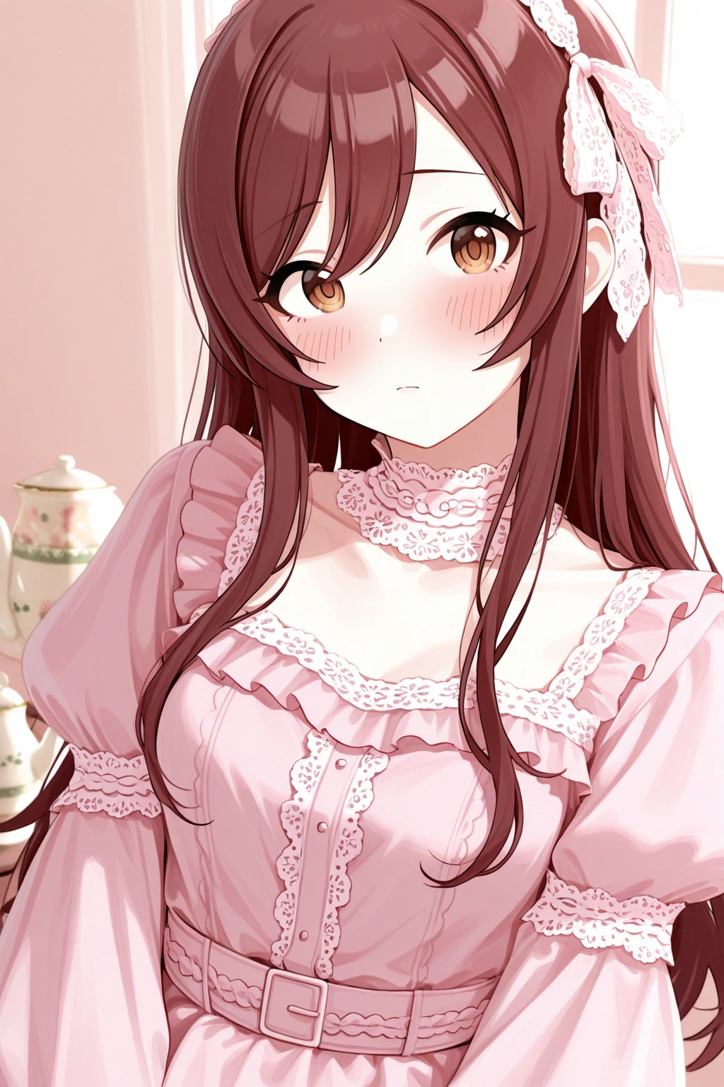 Anime girl, brown skin, thick, long curly brown hair with bangs, brown eyes, pastel coquette aesthetic
