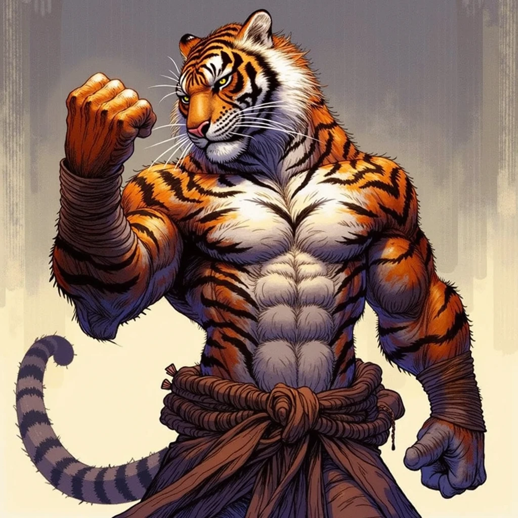 Sagittarius Tiger, , Muscular and hairy, majestic （Golden Eyes）The majestic and serious face, Carefully hung Buddhist beads, Huge muscles, ripped abs, Tiger in the Heavenly Palace