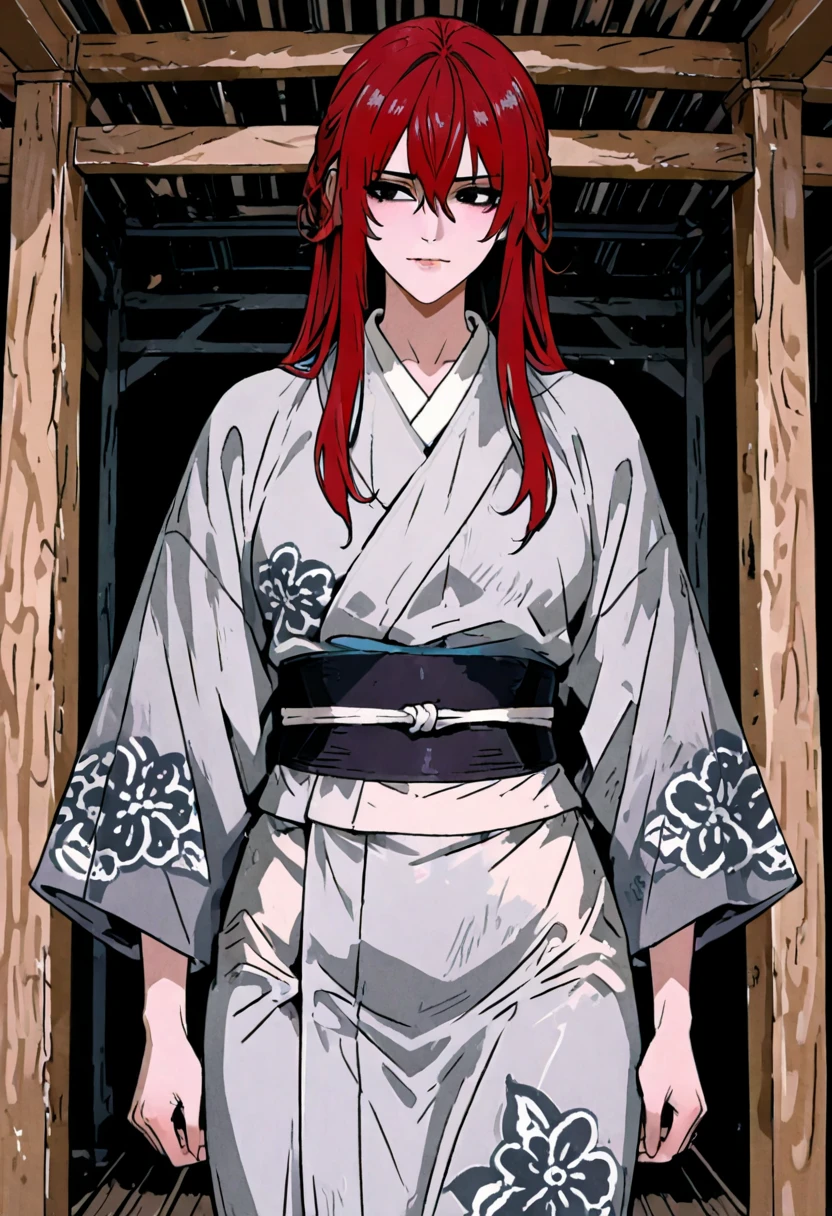 Captura de pantalla de Kimetsu No Yaiba, Women, with black and red hair, Red eyes, wearing a black kimono with skulls, very beautiful, whole body, serious face, sitting in a garden, big funny  bags, anime, small skirt , about 22 years old, two pig tails with skull pin