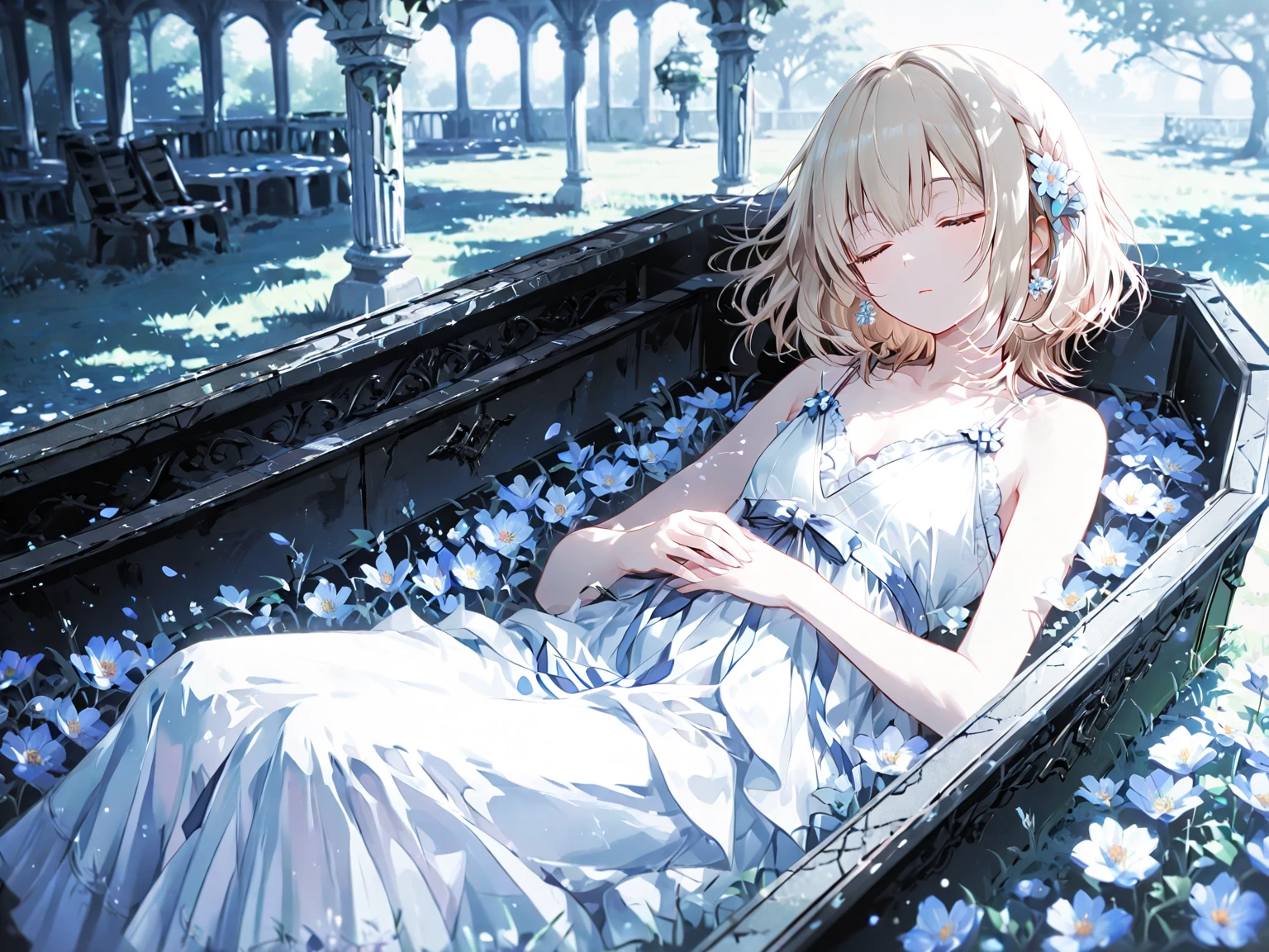 Physically based rendering, professional lighting, extreme detail, white shirt, bouquet, cross earrings, lying on the water, high brightness, refreshing, soft light