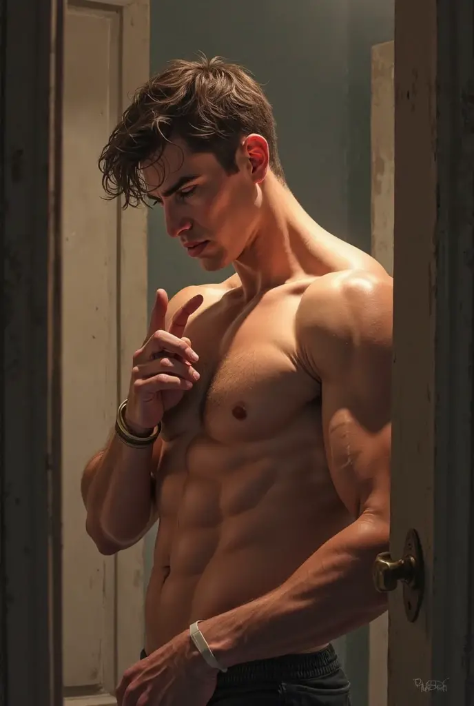 HD quality, high definition, a male doctor 18 years old handsome, muscular, red lips, leaning  in a laboratory room, (( vigina)) , wearing , model with bracelets, earrings, with eye glasses, fully  and , eyebrowse angry, ((side view)), (()), wearing shoes, sexy and , very wet bofy, very wet hair, (( )), ((with stethoscope in his neck)), with gloves, ((full  view)), male solo, looking upward, body wet and oily