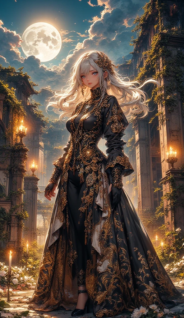 ((masterpiece:1.5,Highest quality,Highly detailed images,Beautiful images、Realistic、Photorealistic、2.5D))(1girl, 独奏)(, white hair, black eyes, Healthy legs、Tight 、Beautiful )(Fantasy dresses、Fantasy Clothes、Black battle dress、Deep slit)(wind, floating hair)(Inside the castle、The King's Chamber)