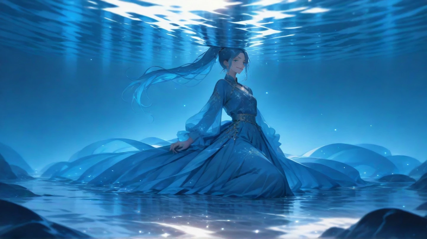masterpiece, best quality, Marianne3Hopes, long hair, blue dress, capelet, hairband, cropped torso, closed mouth, simple background, looking at viewer, arm_under_