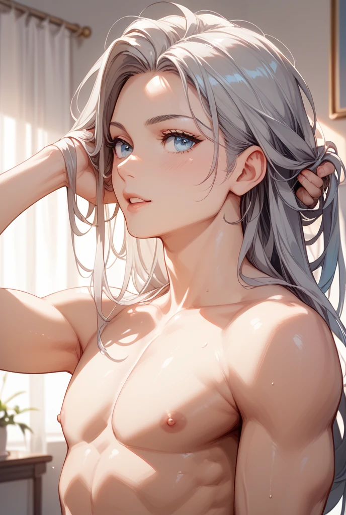 ((masterpiece)), ((best quality)), (ultra-detailed), ((kawaii)), cute, (lovely), (()), (), ((extremely detailed)), 4K, (8K), best quality, (beautiful), in the middle, bedroom, a pretty woman, elf, beautiful silver hair, beautiful red eyes, ((beautiful eyes)), white-skinned, very long hair, swept bangs,gigantic , ,smile,parted lips,saliva,sweat,,show off ,,,,,standing,arms behind head,arms up,,
