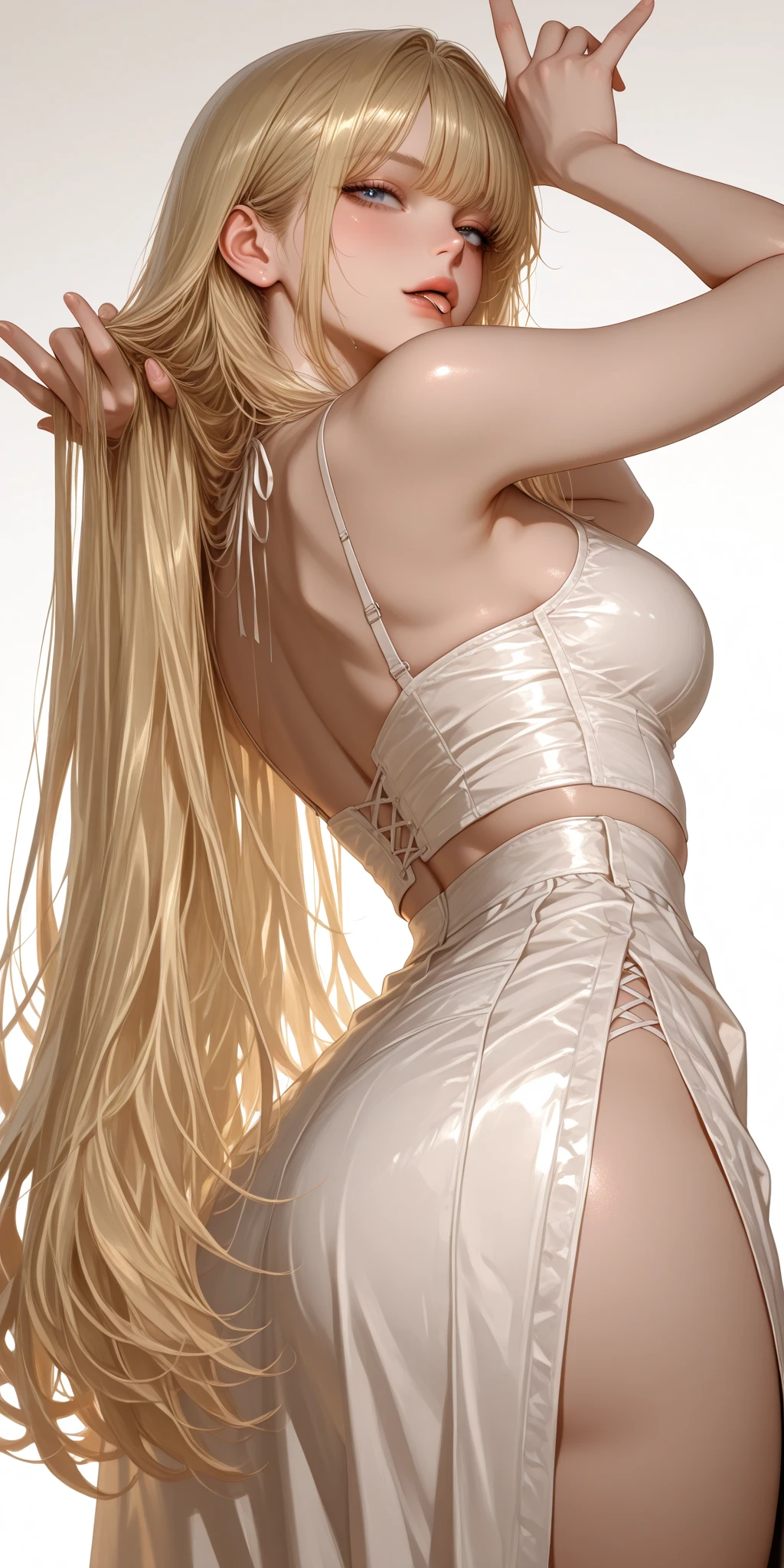 1girl, Dense face and eyes, Too beautiful, Minimalism, Armpits, Pale pink skin with good complexion, Clear skin, Plump ass, Tight waist, Raised breasts, Curvy, Tufted blonde hair, Beautiful eyes, Thin dark eyebrows, Mouth with white teeth, Handsome nose and ears, specimens of supreme beauty. bright color background, simple background, fisheye, masterpiece, best quality, best quality, official art, beautifully aesthetic, animation, big ass, smile, beautiful face, pov, from below