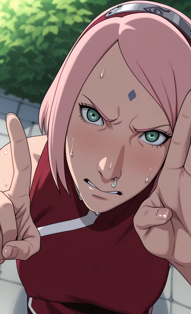 Haruno sakura ,sweating , snot out nose hole ,up down view , peace sign ...