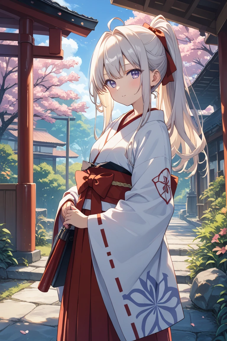 Uma linda garota de 17 anos de cabelos brancos e olhos vermelhos com um corpo escultural usando um belo Kimono no parque