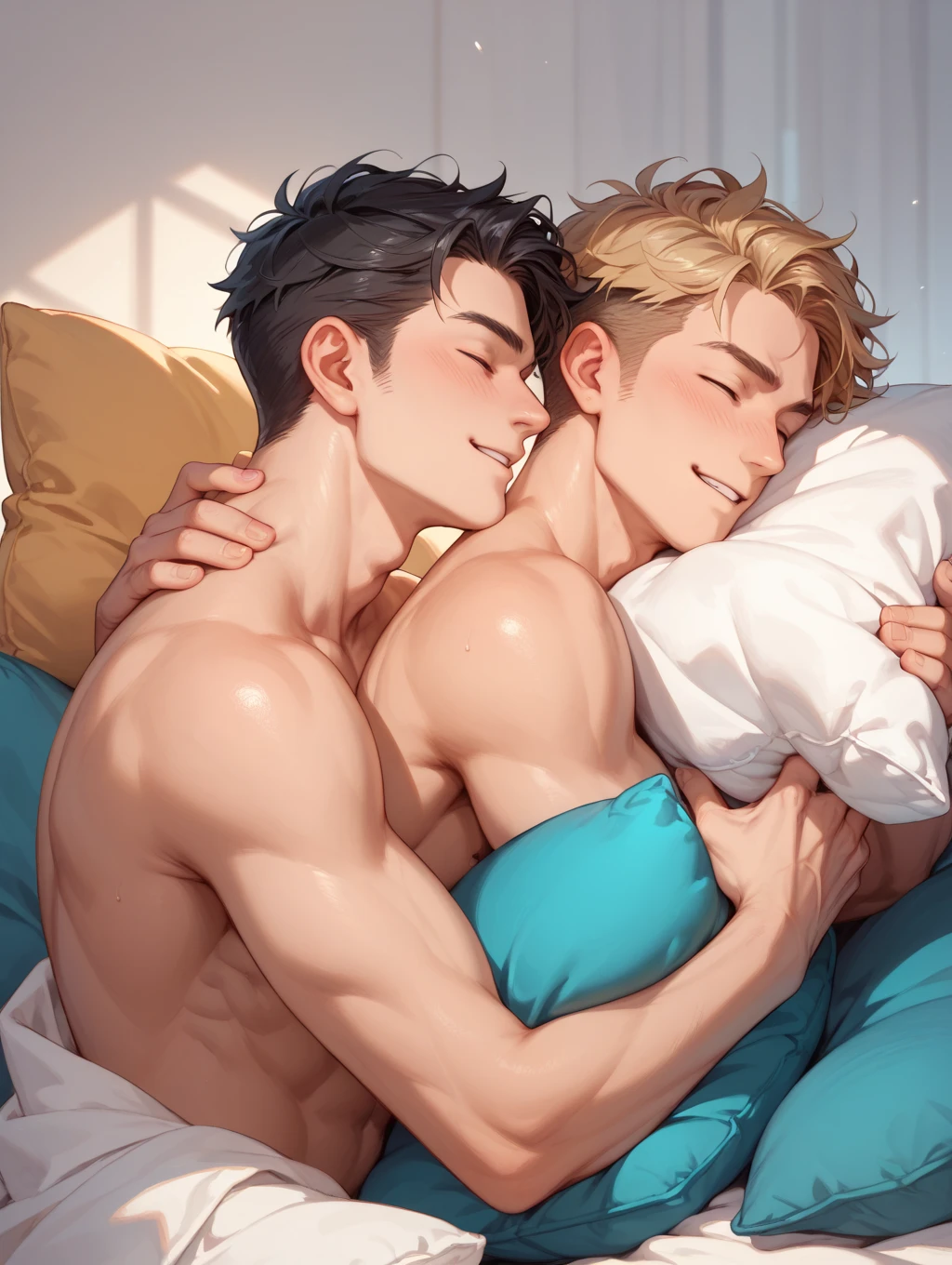 Two handsome gay boys kiss forest green pant
