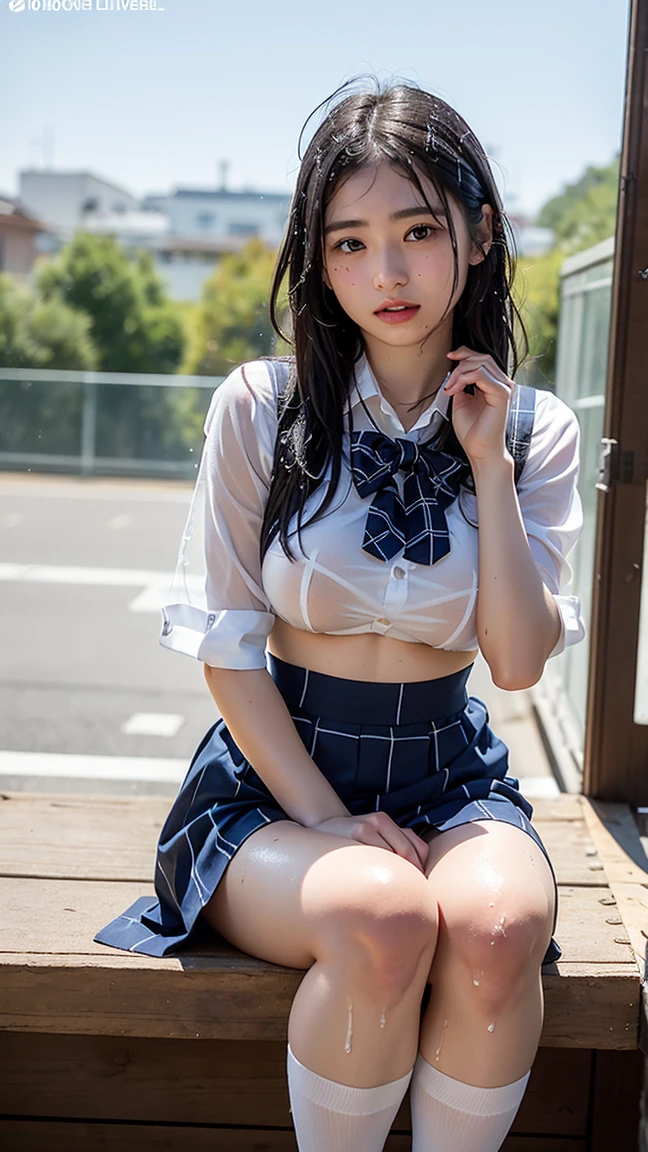 the Extremely Detailed CG Unity 8K Wallpapers、top-quality、ultra-detailliert、​masterpiece、realisitic、Photo Real、extremely detailed cute girl、18year old、(High school student in Japan uniform)、(((skirt lift by yourself)))、(Lifted by yourself)、panties on、panties focus、red blush、cparted lips、looking at the viewers、Semi-body shot、(Large crowds)、(Crowded lampposts)、、(Japan high school uniform and designated shoes)、(Dark blue blazer:1.2)、(short plaid skirt:1.5)、(White shirt for students)、 (neck tie:1.2)、(light brown random hair)、(See-through wet white panties:1.5)、(cammel toe)、(Black loafers:1.5)、(beauitful face:1.3)、(perfectly proportions:1.2)、(Long feet:1.2)、(small ????:1.3)、(Panties can be seen from under the skirt:1.3)、(Textured skin)