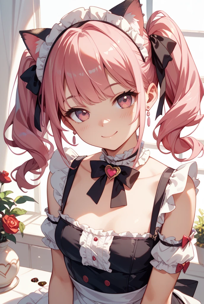 Masterpiece, ((1 girl)), ((Best Quality)), (Ultra-detailed), Highly detailed, (Portrait), (()), ((Twintail Curly Medium Hair, Pink hair, Brown eyes)), ((17-years-old, Young Girl, Short GIrl)), ((White Skin)), (Maid Dress)), (Beautiful scenery), Daytime, (detailed face), Smiling, Pink blush color under the eyes, Red cheeks, Perfect Lighting, ((White background)), dynamic angle, (Upper Body Angle, View Viewer, Portrait)