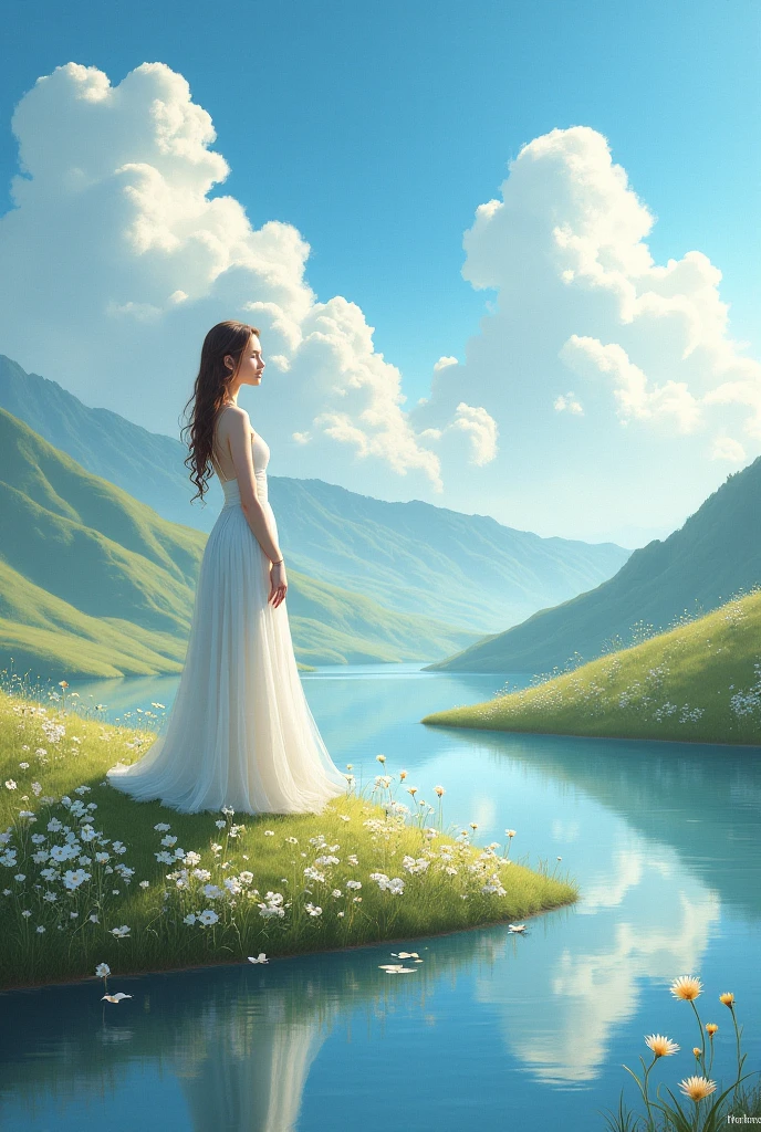 colours chromatic A serene scene captured in this image showcases a woman in a flowing white dress standing gracefully on a rock. In the background, a wild bird is perched, adding a touch of nature to the composition. The color palette includes shades of black, white, and earth tones, creating a harmonious and calming atmosphere. The image evokes a sense of peace and tranquility, with the woman exuding elegance and poise. The setting appears to be outdoors, under a clear sky. Overall, it is a picturesque moment captured in a single frame