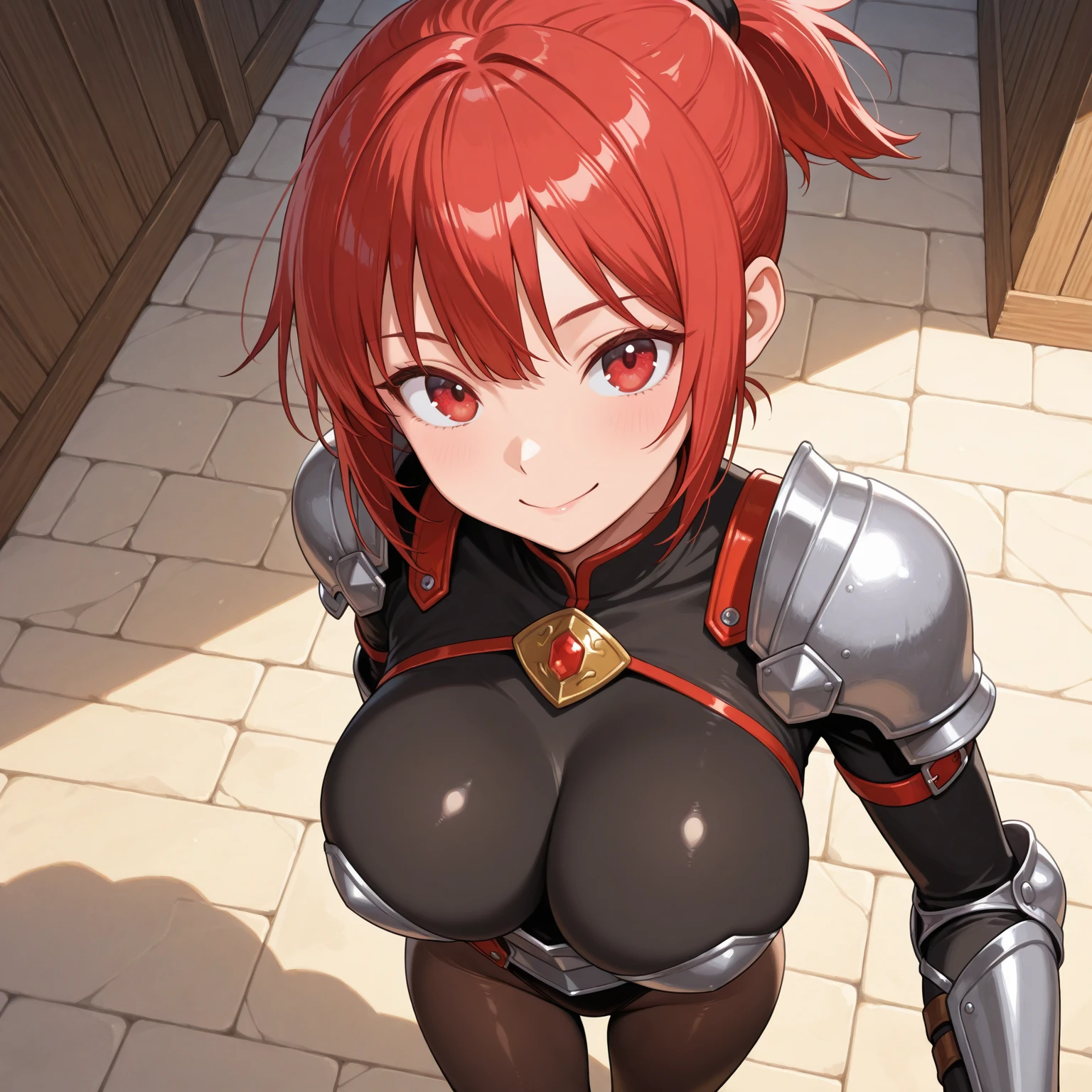 (((dark skin))), (dark brown skin)，(Red Hair)，Bobcut，Red eyes，choker，leotard , cleavage cutout, elbow gloves , kneehighs, short cape，Hands behind body，Dynamic Angle，Bright natural light，sidelighting，blush，smile，Glowing Skin，(???????????:1.3)，Big ????，18-year-old，CG，cute，Fantasy，((Highest quality)), ((masterpiece)), (be familiar with), Perfect Face