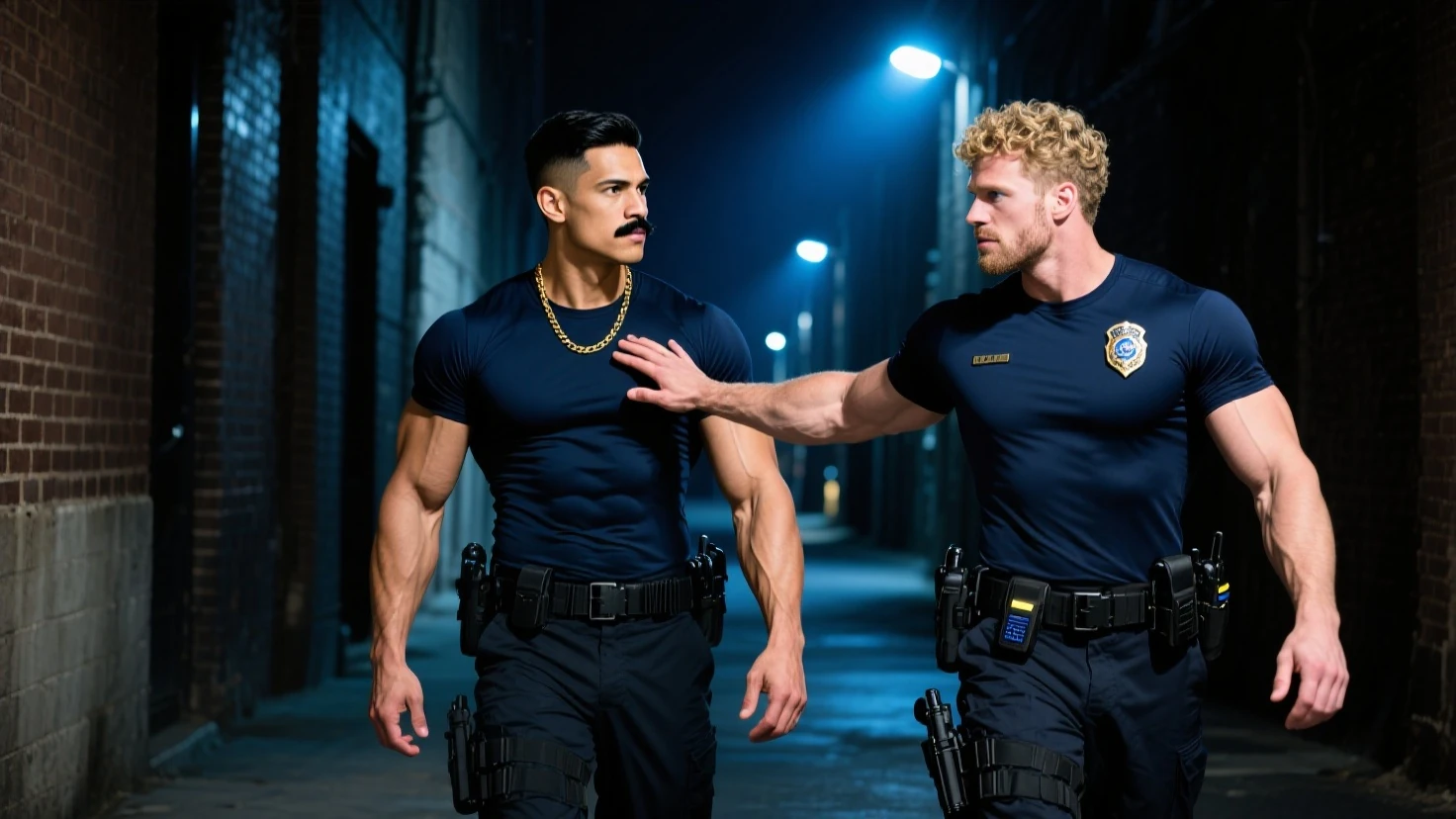 3 characters in the scene (Muscular man, ). 3 muscular policemen, huge chests, muscular thighs, huge biceps,  expression, all smiling, masculine faces. The three policemen are in a prison cell, wearing police caps, badges, police uniform,  pose, nicebulge.