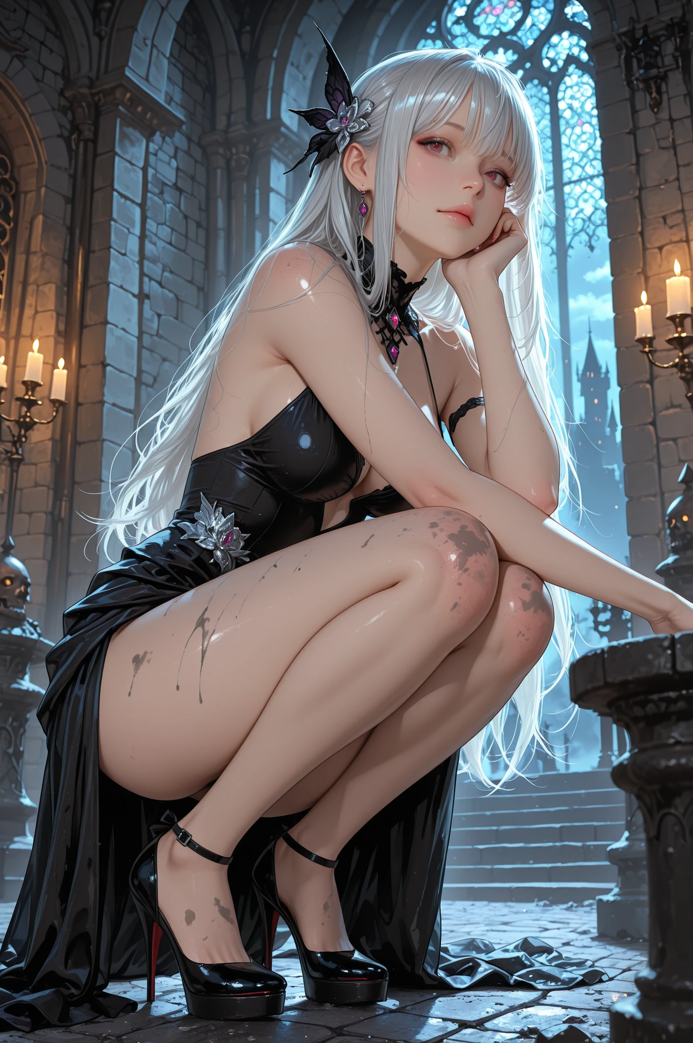 (Front Focus),(In the Dark:1.6), Hyperrealist portrait of female by david hockney and alphonse mucha,Fantasy Art, photograph realistic, Dynamic lighting, art  stations, poster for, Volumetric lighting, extra detailed face, 4 k, awardwinning,, 1girl, In the Dark, deepshadow, lowkey,(official clothing:1.4) ,Long hair,White hair,thin ankles,Skinny Legs,Short boots with lace, Sit on a wooden bed, ,pretty pose,open one's legs,???? upper body, blue eyes, shy, ????? privates,  with shoes