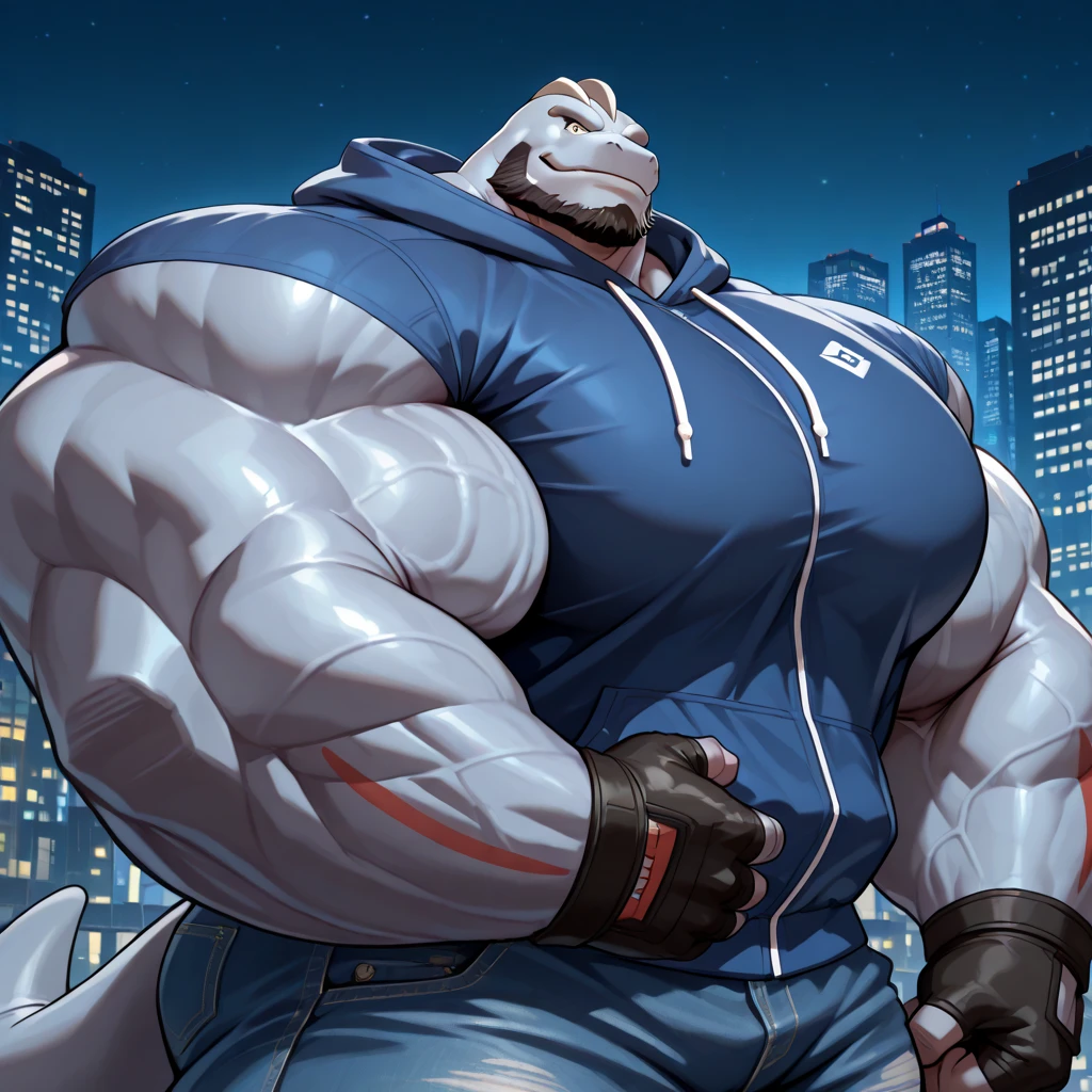a giant white anthro velciraptor in a white full body racing suit, gigantic hyper bulge in pants as big as his head. huge round pecs, slim torso, massive arms, big thick thighs, broad shoulders. drippin wet from rain. in fututistic car racin track at rainy night, dark lighting. crouching, by darkgem 