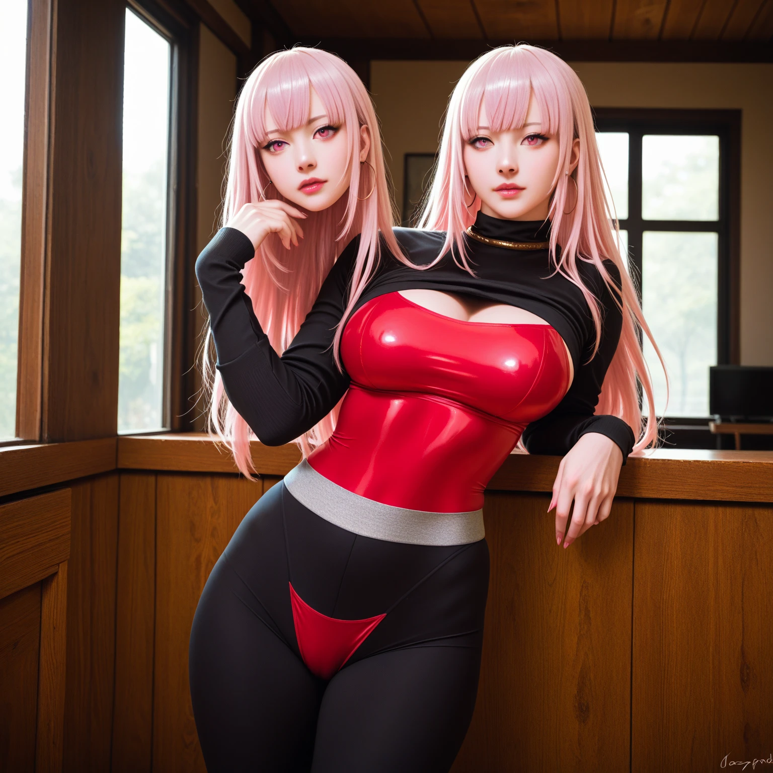 ulzzang-6500-v1.1, (raw photo: 1.2), ((photorealistic: 1.4)), best quality, masterpiece, illustration, an extremely delicate and beautiful, extremely detailed, CG, unity, 8k wallpaper, amazing, fine details, official art, extremely detailed 8k CG wallpaper, absurd, incredibly absurd, huge file size, ultra detailed, highres, beautiful detailed girl, extremely detailed eyes and face,  beautiful detailed eyes, light on face, cinematic lighting, ((extremely pink tight suit clothes)), 1girl, full body, full body shot, looking at the viewer, ((light pink hair)), red eyes, ((happiness)), best detailed background, ((cosplay)), (smile), ((holding a rifle)),