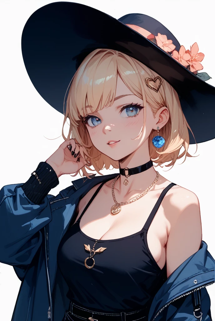 (Highest quality:0.8), (Highest quality:0.8), Perfect illustration,Beautiful woman portrait、One girl, bangs, Black nails, Blonde, Mouth closed, clavicle, ear Earrings, Earrings, Fashion G, hair ornaments, Food, Foodie, Jacket, jewelry, looking at iniewer, Medium Hair, Manicure, necklace, Earrings, short hair, Hydrangea、hydrangea, sleeines past wrists, 一人in, Both sides up, Upper Body, in, Pop Background、Droopy eyes、Celebrity Hat