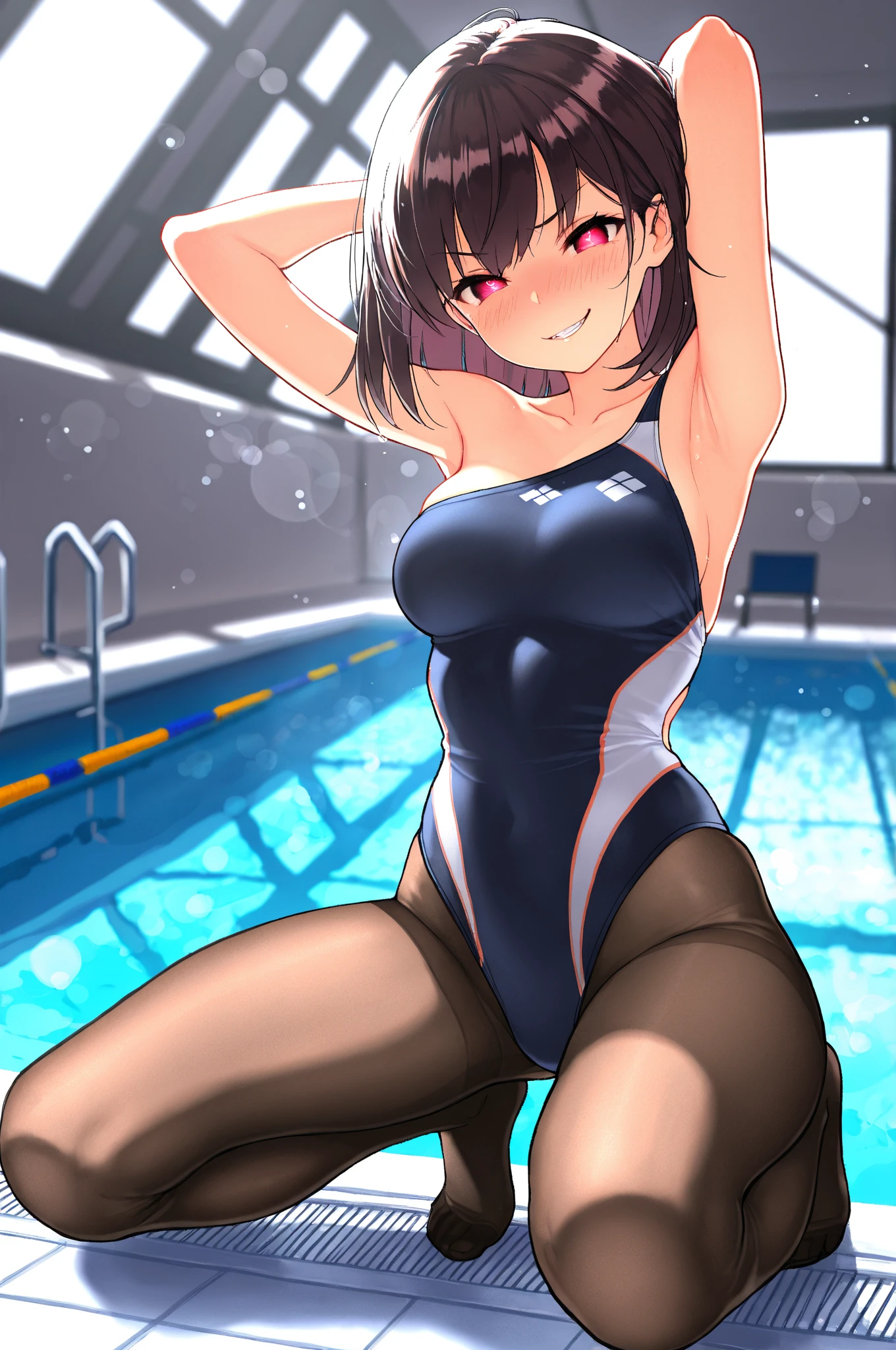 (best picture quality, 4K, high quality, masterpiece::1.2), ((masterpiece)), high detail, high quality, best picture quality, ((high quality, , showing armpits, embarrassed, , squatting)), cute, (early teen girl in a competition swimsuit with pantyhose at poolside in the indoor pool), full body, , short height, medium breasts, bokeh, DOF, Portrait, evil grin, open stance, (cute illustration:1.2), high-resolution, ultra-detailed, best-quality, -shoulder, (dildoriding)