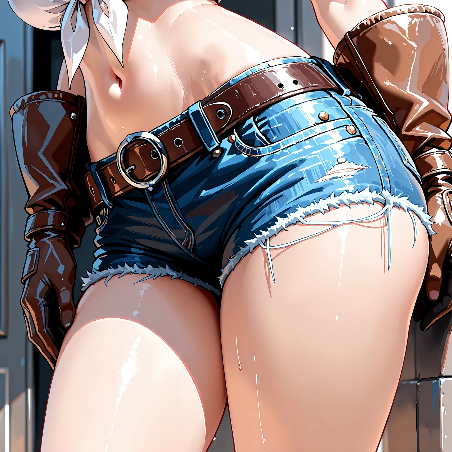 High resolution, woman , good lighting, despicable, , (), (((jean shorts))), ((white sports bra)), (((leather thigh high boots))), (Open your ?????????), abdomen only, (wet shorts),  ,  cute face, , ((white fluid in ??????)), ((black hair))Camera angle looking up from directly below