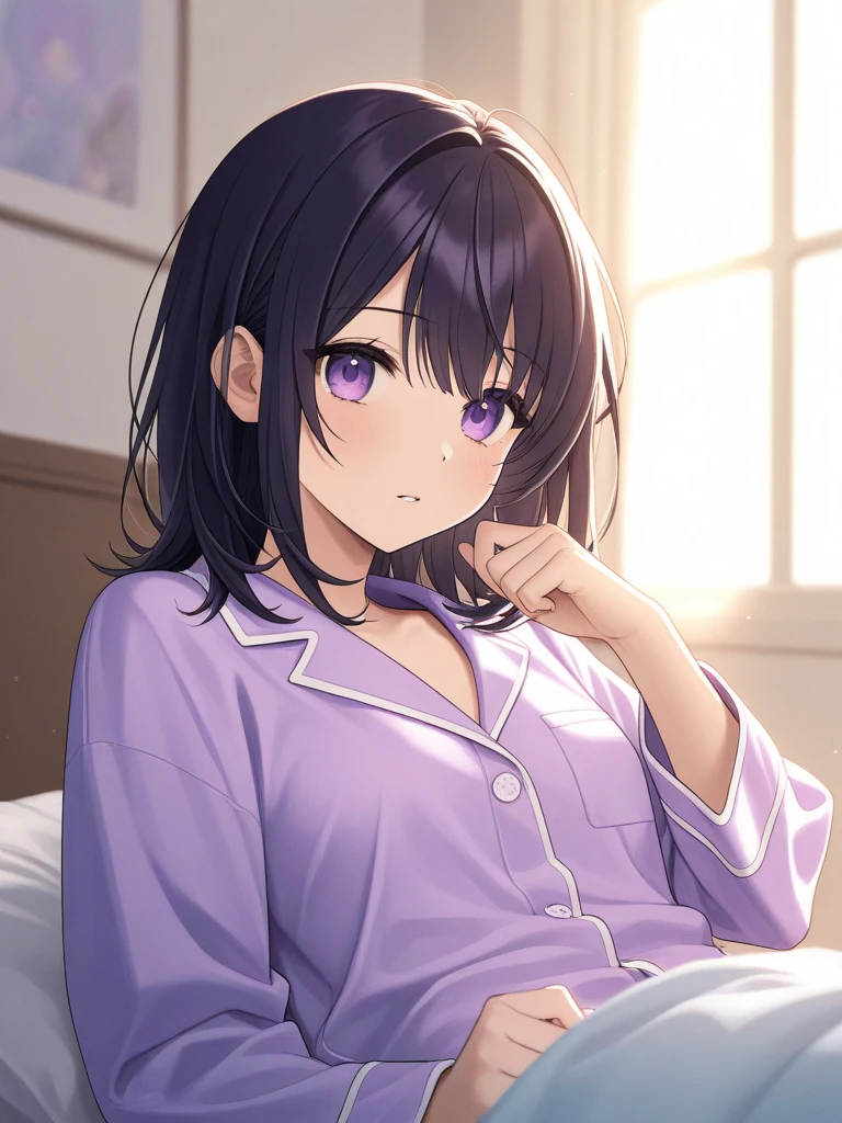 (T Masterpiece，4k wallpaper，Best Quality))、((girl１people))、(solo)、Bright and Brilliant，(Purple Hair)、(Shortcuts:1.3)、smile、Bedroom、pajamas、night
