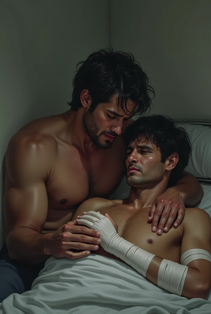 Dylan actor O'Brien,  on the ducha,  Tyler actor Hoechlin, watching him, tenderly, Dylan wearing a grey t-shirt and Tyler wearing traje de baño orange and blue tshirt , muscular, realistic,4k, love,kissed, embraced, together, kissing look , besandose, dylan viendo a tyler con ternura y besandolo, daylight,sonriendo, fullbody ,ambos usando black boxer ., boca arriba, boxer visible., dylan under de tyler,vista lateral, agua 