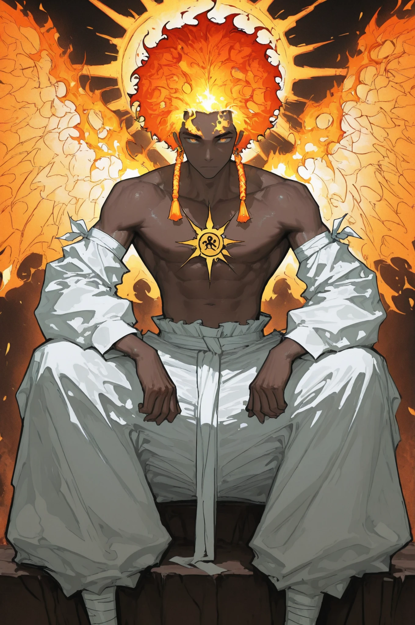 A young man with long white dreadlocks, dark skin, a melancholic expression, drooping eyelids and eyebrows, a lean face, a thin yet sturdy build, a tattered and ill-fitting light blue fantasy-style adventurer's shirt with short sleeves, revealing his abs, a silver breastplate on his left chest, a large sword is strapped to his back, a yellow belt, white coarse cloth trousers, stands nervously in a fantasy-style western town, this character embodies a finely crafted fantasy-style adventurer in anime style, exquisite and mature manga art style, dramatic, high definition, best quality, highres, ultra-detailed, ultra-fine painting, extremely delicate, professional, perfect body proportions, golden ratio, anatomically correct, symmetrical face, extremely detailed eyes and face, high quality eyes, creativity, RAW photo, UHD, 32k, Natural light, cinematic lighting, masterpiece--perfect, masterpiece:1.5