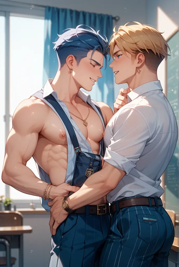 best quality, masterpiece, 2 boys, male kpop idol with purple ombre hair, , kissing a man with blond hair, muscular, sheer  jockstrap, bulge, visible  line,  chest, dancing seductively with each other, on colourful led stage, , , rave concert, crowd cheering them on, sexy, gay, homoerotic, ambient lighting, extremely dramatic shadows, front view, perfection, no watermark, no logo, no signature