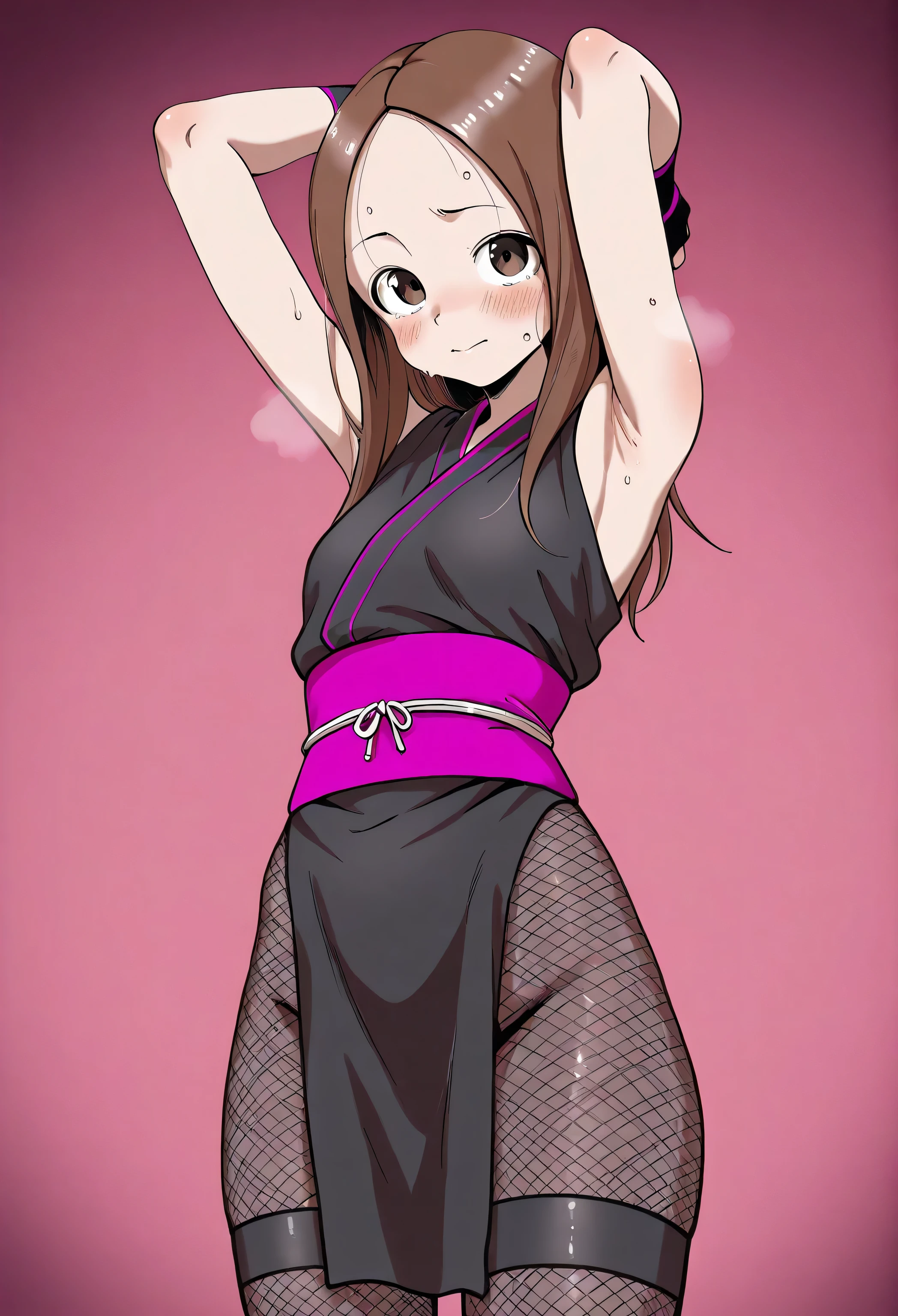 kyoka jiro, 1girl, solo, , blush, short hair, bangs, simple forest background, strapless small croptop, black spandex, open-toe platform high heels, open mouth, purple eyes, collarbone, full body, purple hair, short sleeves, blunt bangs, looking away, long earlobes, tiny waist