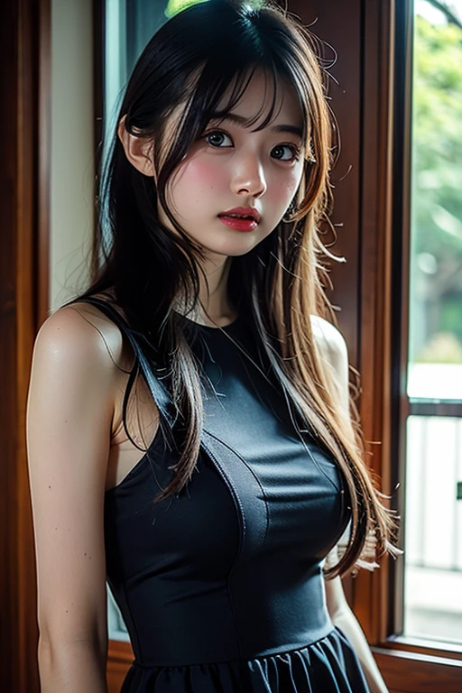 Atmosphere scene、masterpiece、Highest quality、(Face details、Detailed skin texture)、(Cinema Light:1.1)、High definition、Color Magic、1 female、whole body、Long Hair、Gray Hair、blue eyes、blush、Small breasts、Wide Hips 、Thick Ass、See-through、、Bodysuits、カラフルなBodysuits、Perfect for the skin、From below、Bold pose、Change the pose、simple_background、