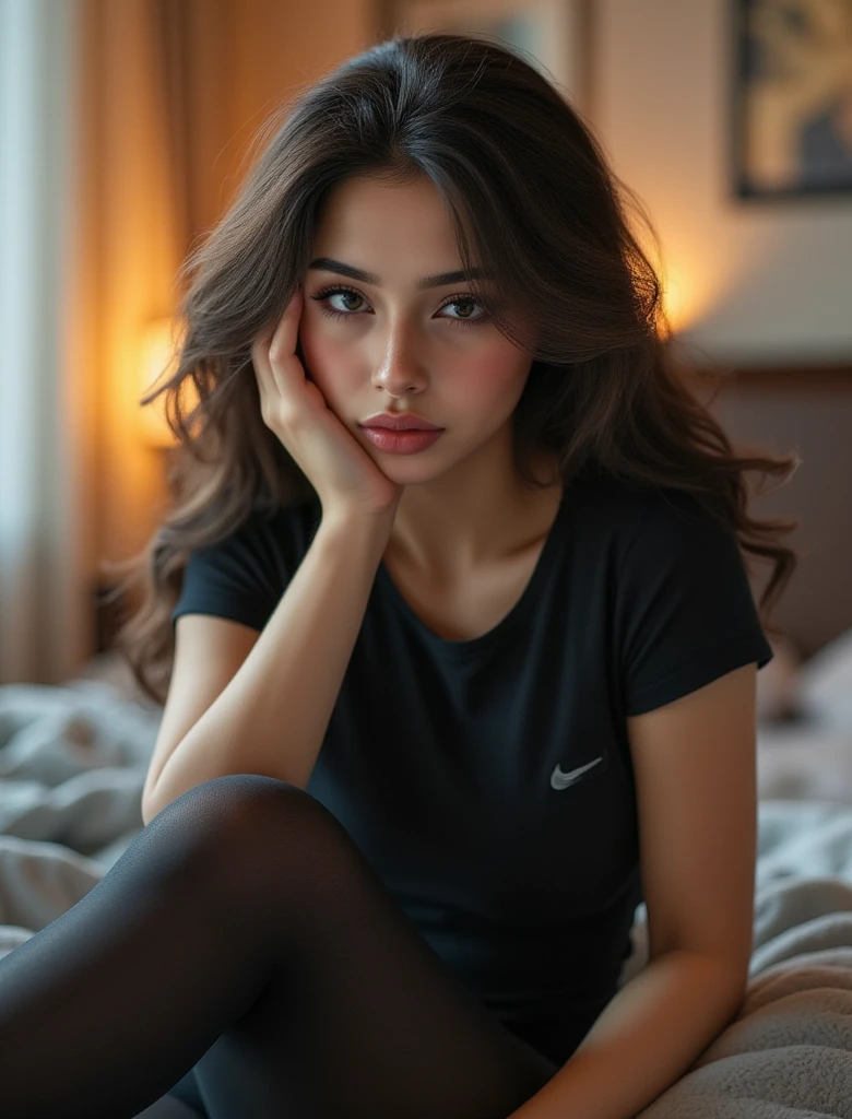 a young woman sitting indoor in a cozy dimly lit room wearing a black sleeveless top. soft bed linens are in the background, creating a relaxed and inviting vibe