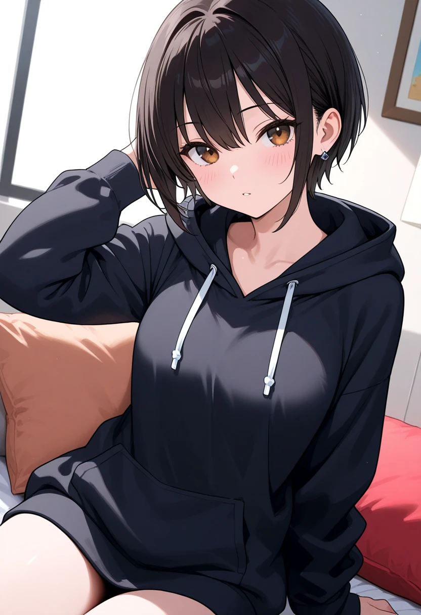 (masutepiece, Best Quality:1.2), (Looking at Viewer), (Wavy Hair:0.8),
1girl in, (Upper body:0.85), (Black theme:1.2), {Indoors|Outdoors}, Dark eyes, Dark hair, 
{Medium Hair}, Larger hoodie, (tight :1.2),
({Happy face|peaceful face|Shy face|Curious face}),（Pose ）（）（）（red blush）（Expression of desire）