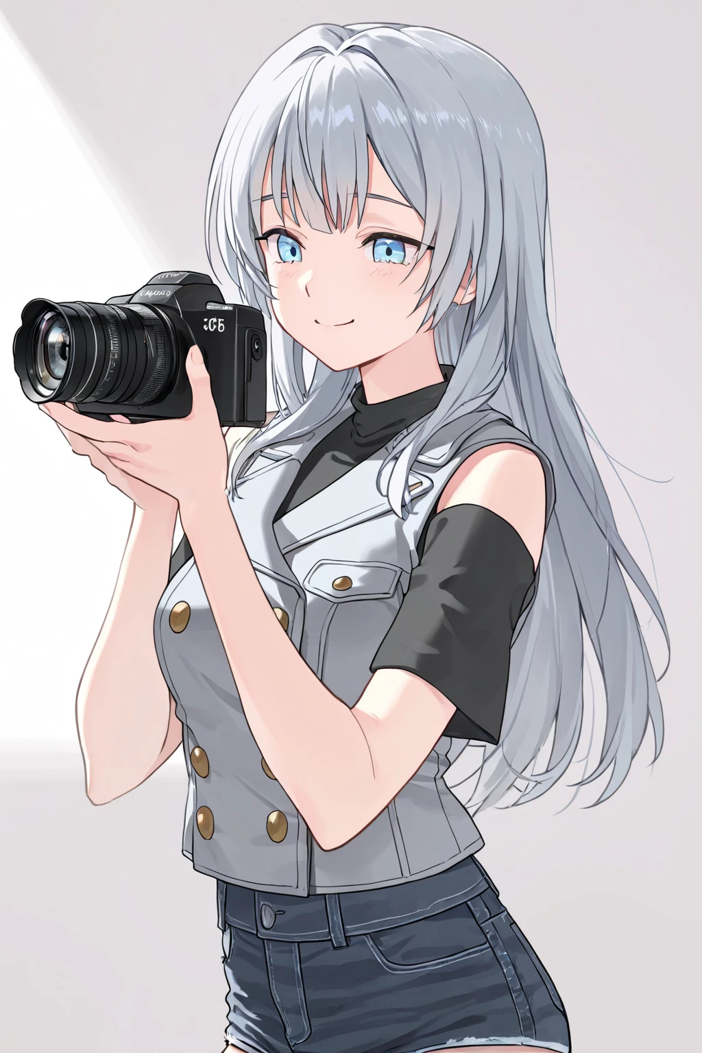 (hews art style:0.7), score_9, score_8_up, score_7_up, score_6_up, , Kirari, braid, makeup, twin braids, blunt bangs, aqua nails, aqua eyes, blue lips, hair ribbon, grey hair, nail polish, BREAK (masterpiece:1.2), best quality, high resolution, (detailed eyes:1.3), perfect lighting, (perfect hands, perfect ), hearts, pleasured, , 1girl, , camera, japanese clothes, solo, kimono, holding, holding camera, , angry, anger vein, blue kimono, closed mouth, simple background, looking at viewer, blush, collarbone, fur trim, wide sleeves, off shoulder, long sleeves,  shoulders
