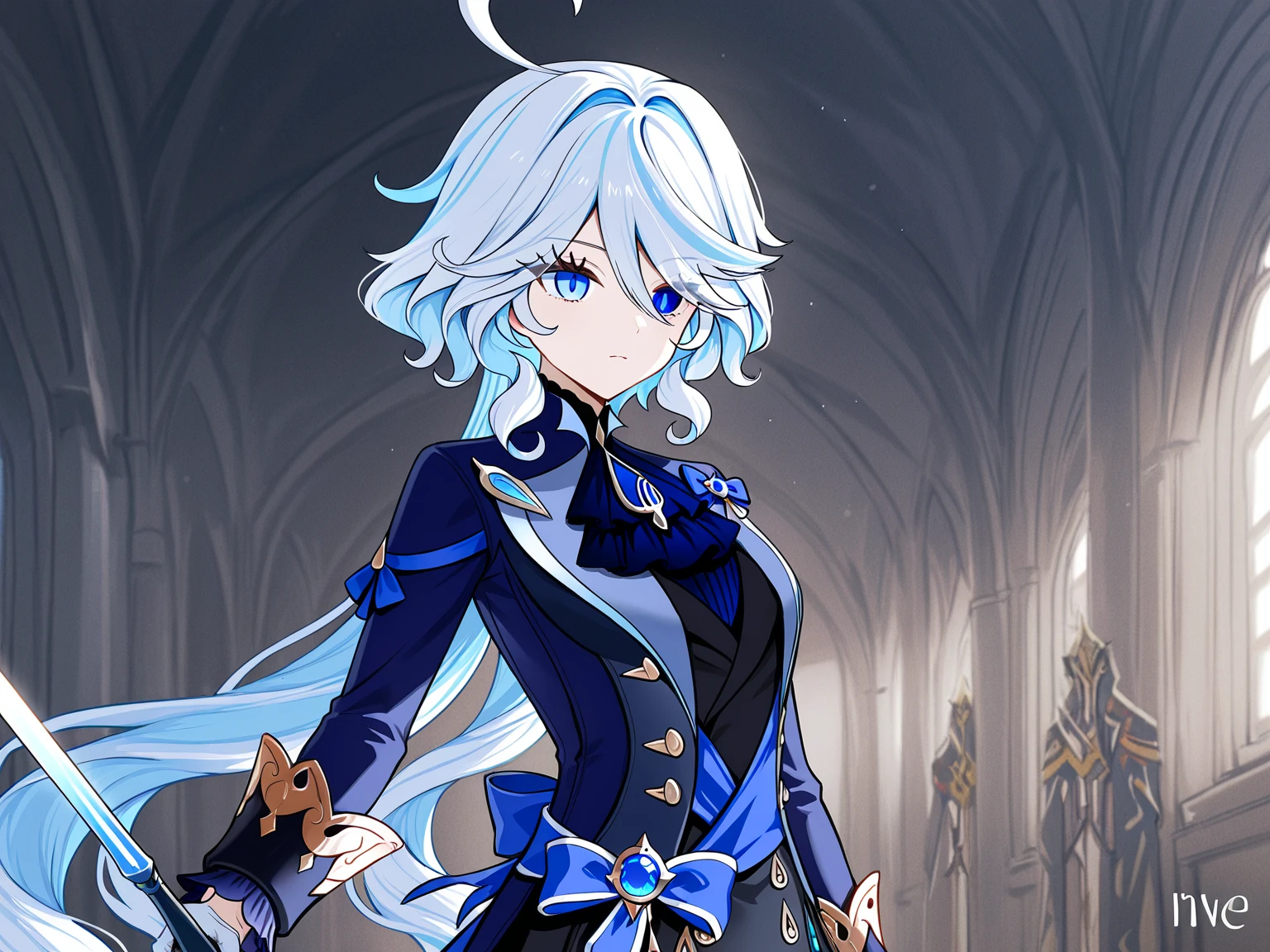 Neuvillette(genshin impact),1girl,solo,looking at viewer,near,standing up,in room