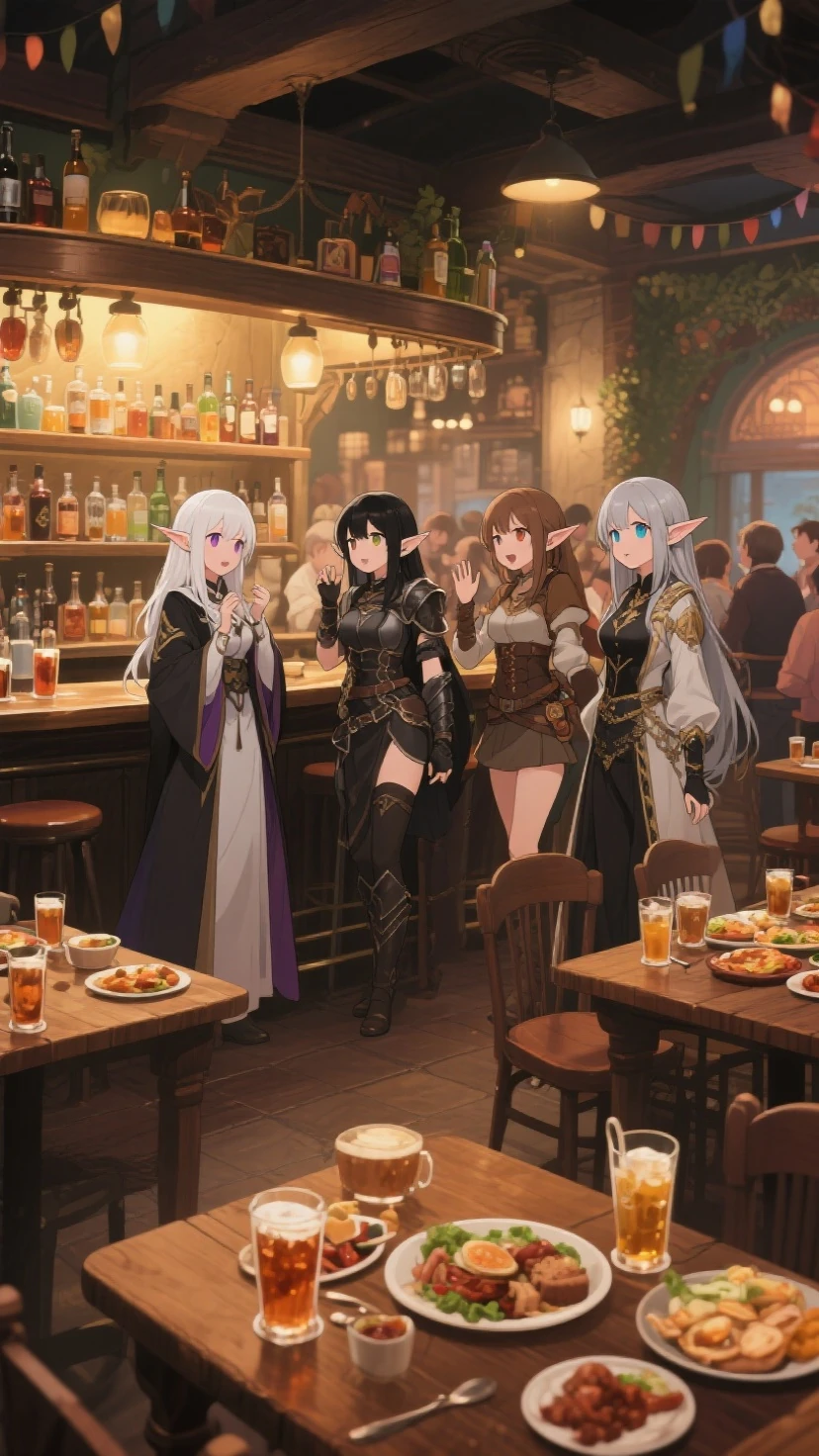 A group of  female medieval fantasy adventurers, (in tavern), various hair styles, harem, night, details face, seducing, sleeveless, armor, armpits, 