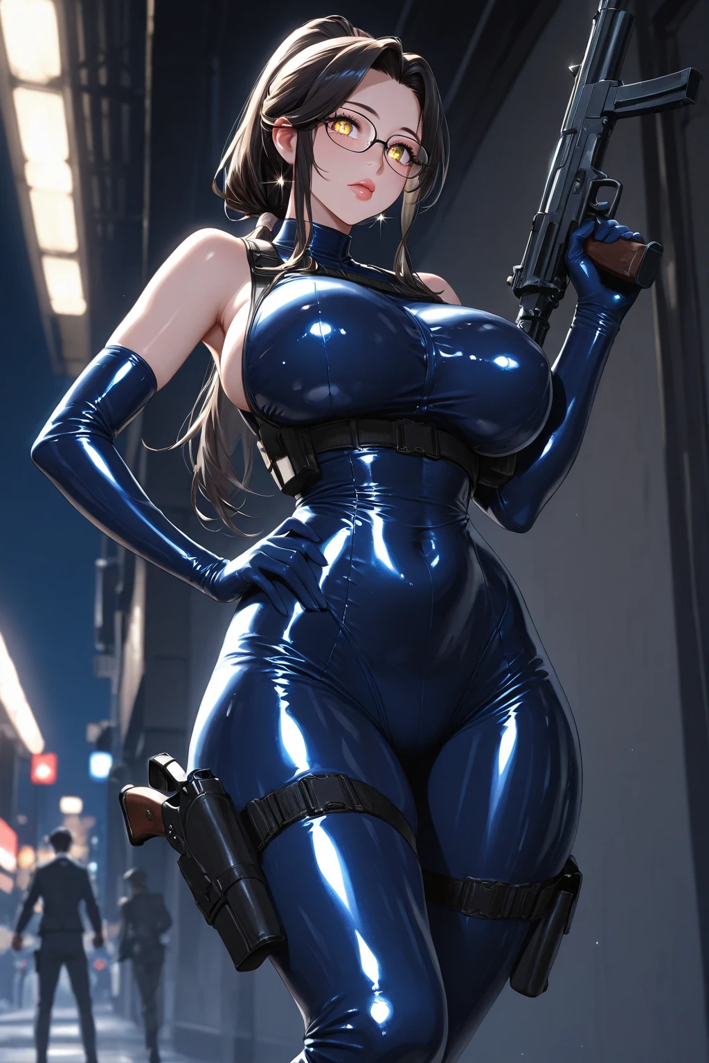 masterpiece, Highest quality, Very detailed, To the camera, 複雑に詳細なVery detailed, Realistic, Sharp features, Very detailed, Sharp focus, Perfect Face, Perfect Face, Perfect symmetry and perfect eyes, Perfect Plump Lips, Flexible female form, Cinematic, Film Light, Very detailed, hyper Realistic, masterpiece, Atmospheric, High resolution, Vibrant, Dynamic Studio Lighting, ((Dark Background)), The expression when enduring pleasure, Straight bangs, blue eyes,、Back view、Butt、 aroused expressions、Fallout Vault Suit,