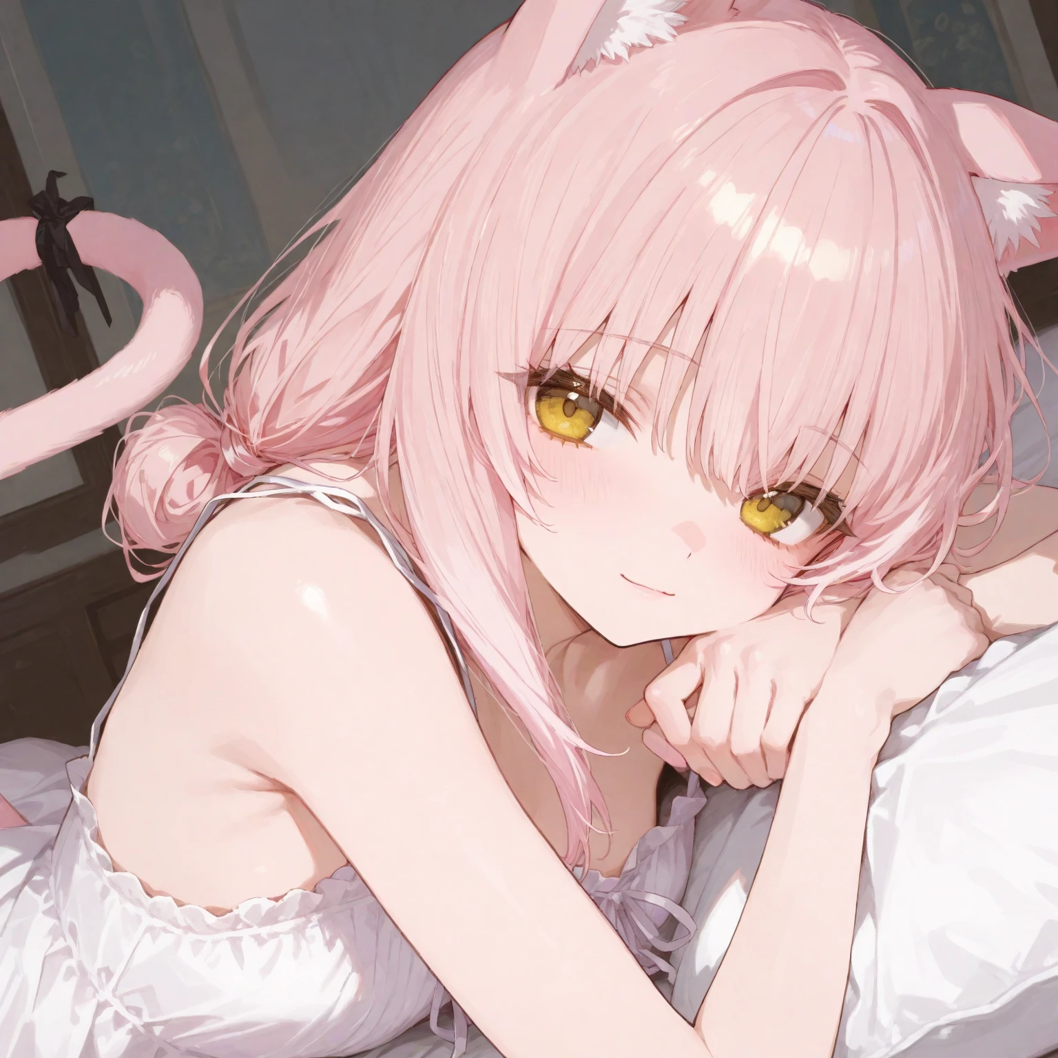 (masterpiece:1.2), (best quality:1.2), (sharp detail:1.2), (highres:1.2), ((1girl)), ((solo)) BREAK Ra0ra, yellow eyes, cat ears, pink hair, single white streak, long hair, cat tail, sit, _pressed_against_knee, , oversized white shirt, (T-shirt transparency:0.9)