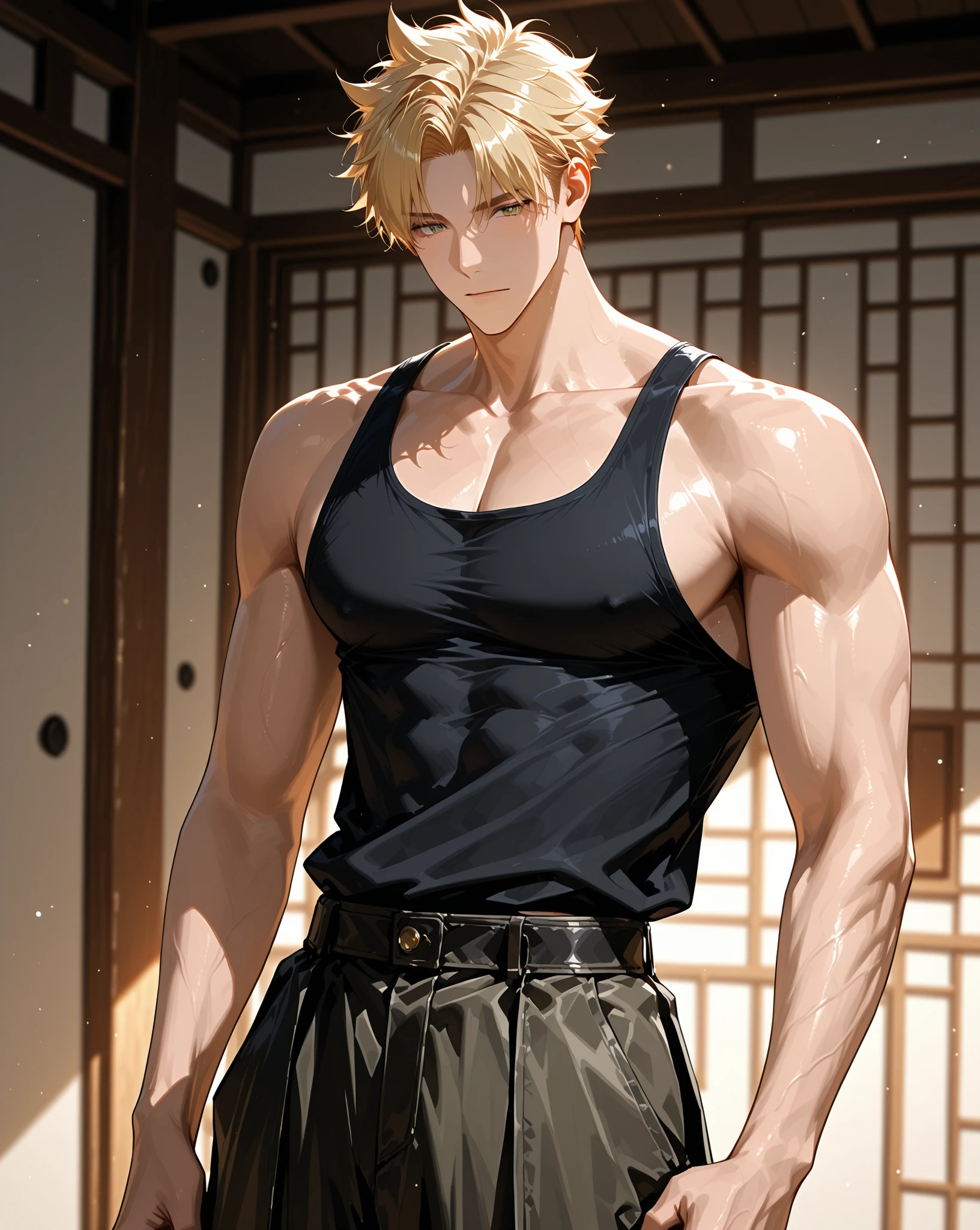 Elfo alto e definido, Cabelos pretos e olhos roxos,  pants and baggy sweatpants with serious face, homem adulto, Strong, independent, rude