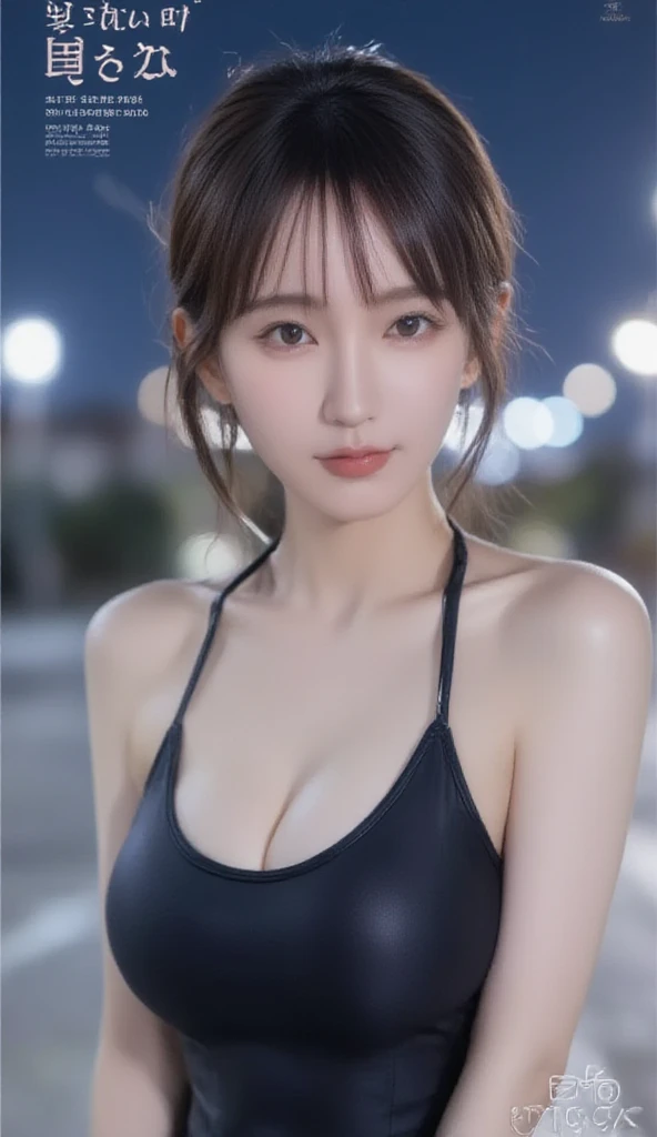 ((((masterpiece, best quality, high resolution)))), Extremely detailed 8K, Beautiful girl with slender body, (Ultra HD, Ultra-detailed, Highly detailed, Highly realistic, Ultra-realistic, photograph realistic), (1girl:1.5), (Realistic white hair),  , (dynamic poses), facing at camera, light smile, parted lips, purple eyes, (huge breasts: 1.2), cleavage, (beautiful detailed face, beautiful detailed eyes), wearing white singlet with cargo pants, cityscape scenery, street, night light, night time,Very detailed illustration of an a beautiful Extremely cute human race face with ((short white blonde hair)), asymmetrical bangs, insanely detailed face and eyes, Perfect lips, ((perfect body)), ((medium breast)), 