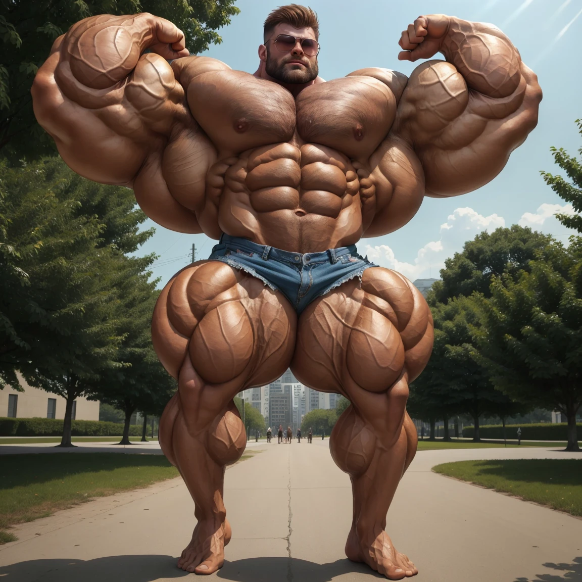 1boy, giant, alone, giant bodybuilder, dynamic pose, illuminating light, strong body, bulk, large size, standing, sunbathing, with panoramic background, outdoor, ????, white triangular ?????????, massive meaty bulge, extraordinary big, brutalmass, giant muscular body, bulk, buff, massive body, large meaty body size, extremely wide body