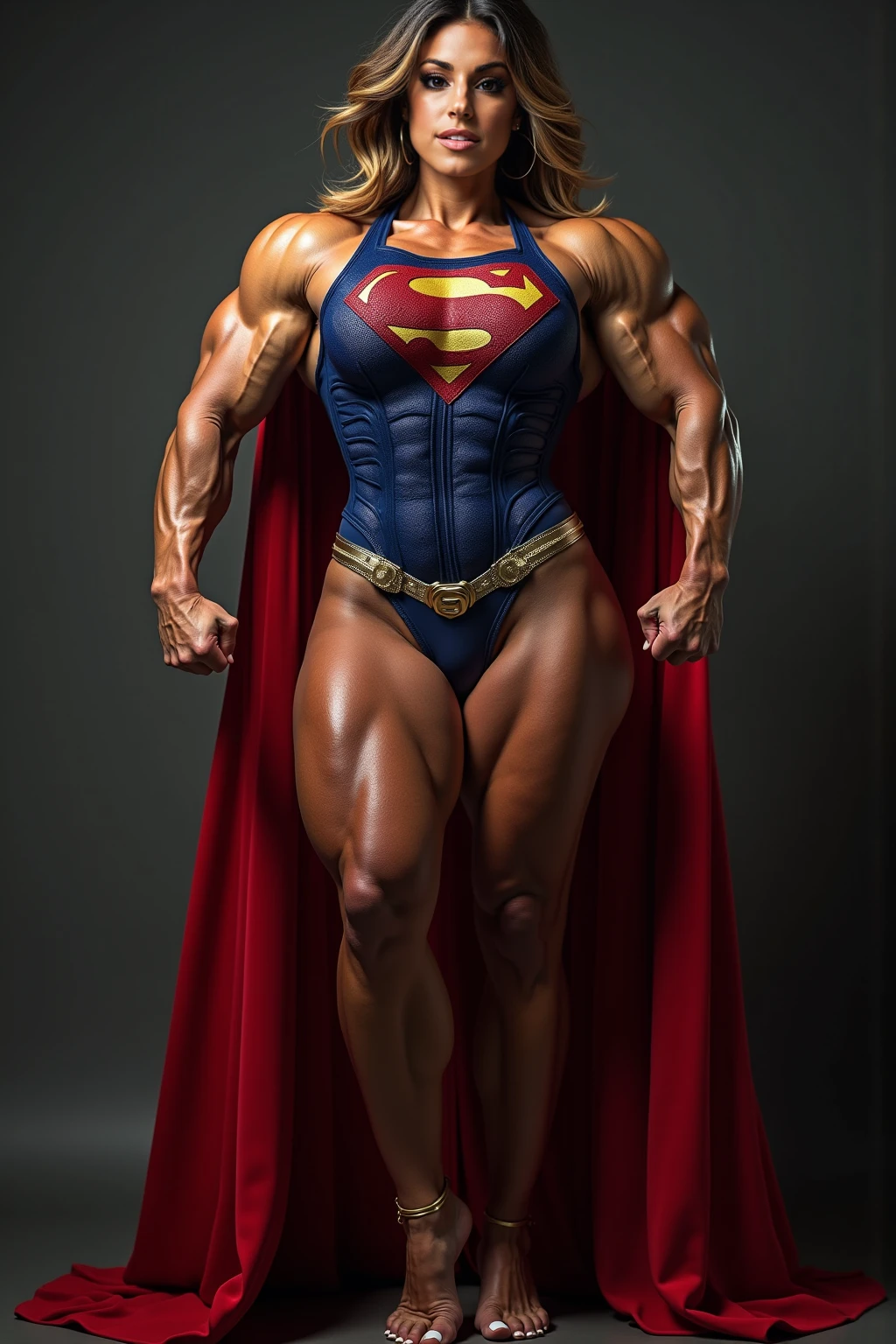 (Muscular:2), (thick muscular thighs, wide hips:2.3), (thick muscular calves:2.5), (female, blue eyes, black hair:1.5), adult, earrings, eyeshadow, lipstick, bokeh, (freckles:0.9), (full body view:1.4), (striations), (hard :1.2), (perky breasts:1.4), (superhero romper, long gloves, small cape, abs window:1.5), (sculped muscles:1.7), (athletic body:1.5), (muscular body:2), (looking at viewer), (smiley:1.5), detailed eyes, rooftop, (dawn lighting), rim lighting, two tone lighting, dimly lit, clean skin, low key (DETAILED SKIN), (round ass:1)