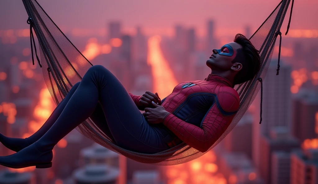 young 25 years old Miles Morales , standing alone, black boy, might, pretentious smile,, gazing at viewer, black afro hair, greeneyes, Miles Morales Spider-Man Costume , pampas scenery Rio Grande do Sul, blue sky, sitting position playing video games