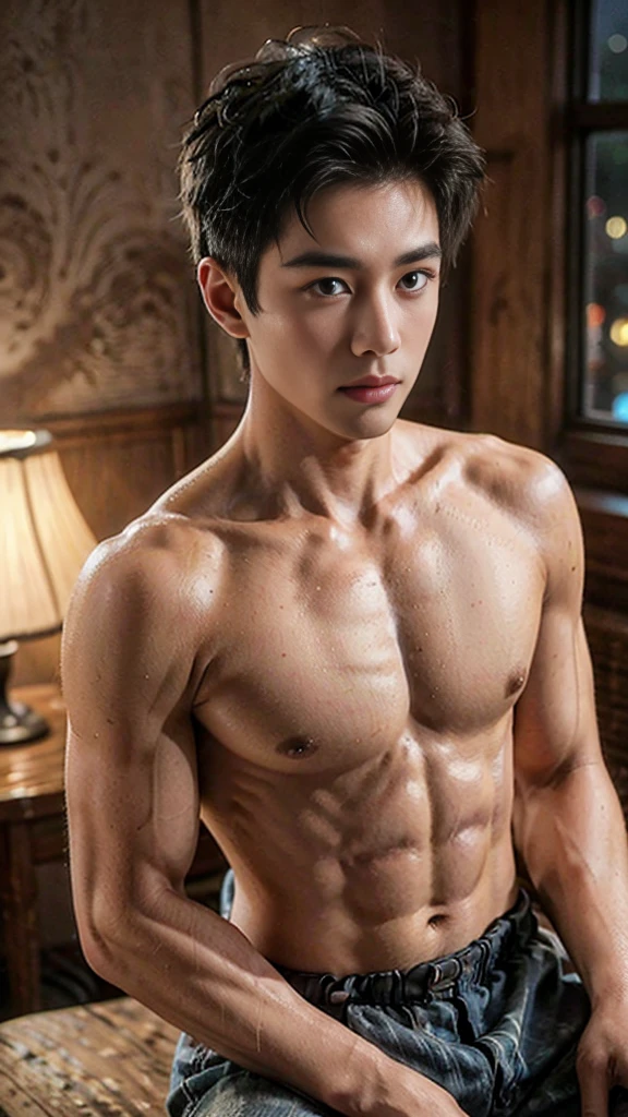 best quality, High quality, high resolution, 4k, Masterpiece, detailed face, Photos of Asian people, young man, handsome, perfect face, perfect body, shower, look at the audience., 18+, full body, Show chicken, look at the audience.