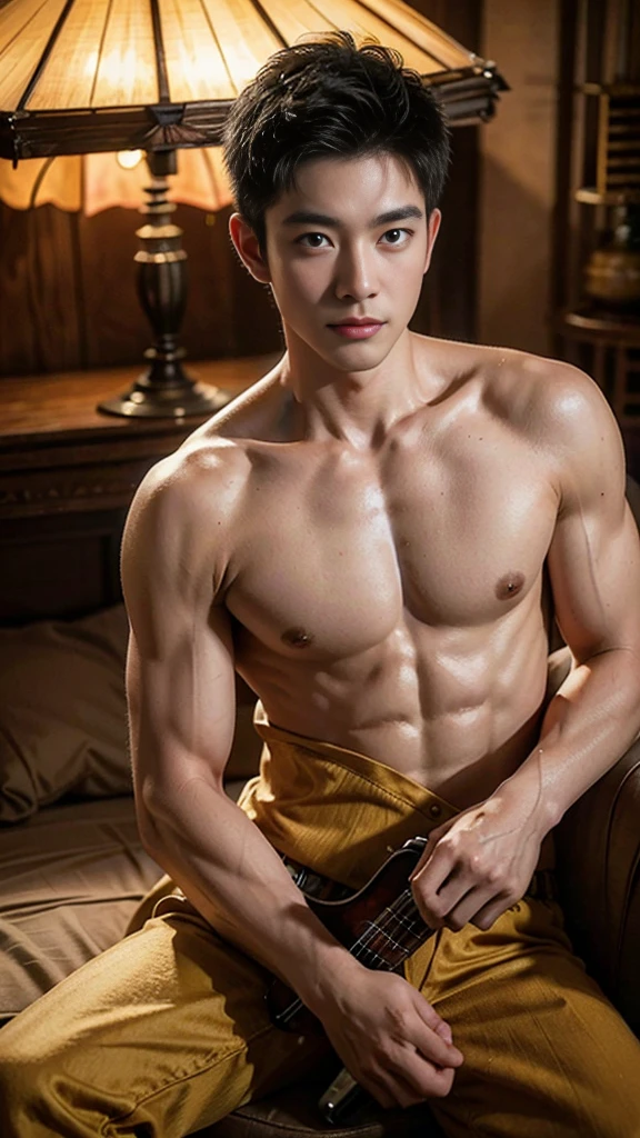 youthful korean kpop muscular monk, handsome, detailed bald head, tow-headed,  :: without robe, Buddhism, serene, a detailed Dark Brown robe, Full Body Shoot, sitting pose :: manly, look at camera, (eyes contact), manliness posture, manly deportment, virtuous, masculinity, manliness, ultra detailed  parts, ultra detailed neck, Manly, ultra detailed  temple background, sexy expression, professional photograph, soft focus, (8k, RAW photo, best quality, masterpiece:1.2), ultra detailed, ultra high res, perfect , extremely detailed body parts, very symmetric body, asian, 18 years old,  :: high detail, detailed face, detailed eyes, proportional eyes, ultra detailed mouth, Leaky abs :: ultra detailed, thin, narrow waist, realistic, human skin, extremely detailed fingers, handsome chad chin, , masculine, human skin, handsome, Attractive, high detail RAW color photo, depth of field, photograph from front, perfect composition, ultra detailed hands, ultra detailed fingers,  lifted arms, , , ultra detailed big  , , ,