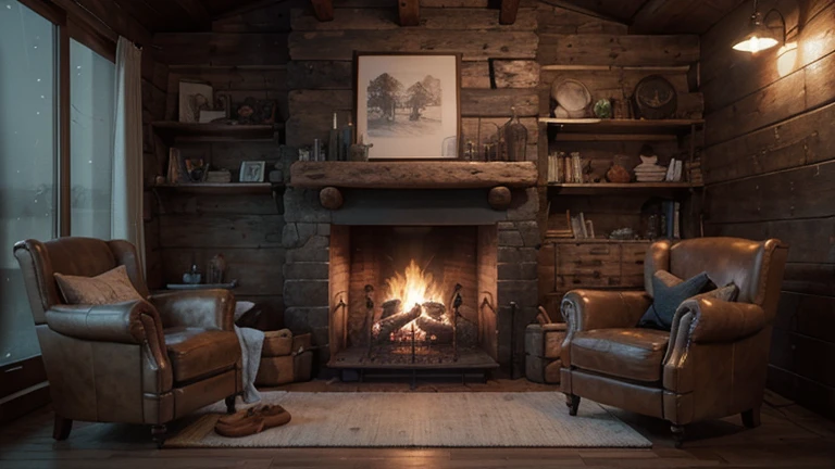 relaxing environment, brown rustic house, with furniture, large window, fireplace, raining, ultra realistic, 8k, full hd - air 9:16