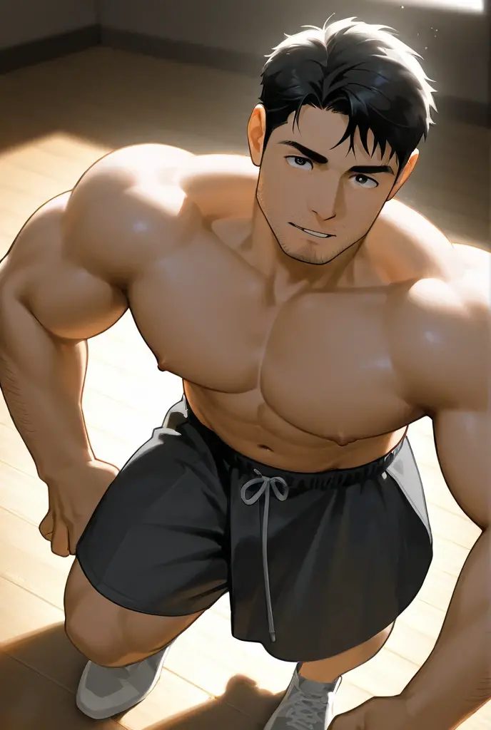 Kiritsugu is sitting and flexing his buff biceps and thighs. He wears black short boxershorts. You can see his thighs completely. He wears a black tanktop. He is showing his abs too. He is admiring his arms.