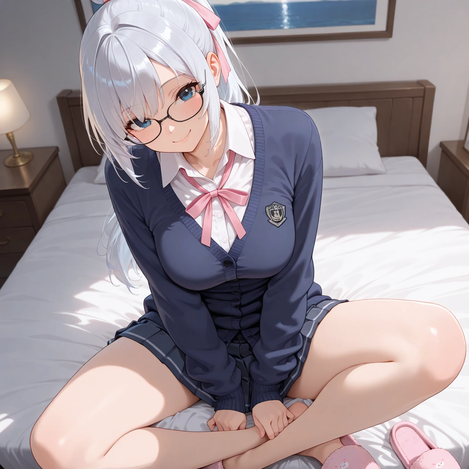 ((best quality)), ((masterpiece)), (detailed), perfect face. White hair. Ponytail. Pink eyes. Anime girl. Black eyes. Glasses. Sweat. . . . . Hairy.